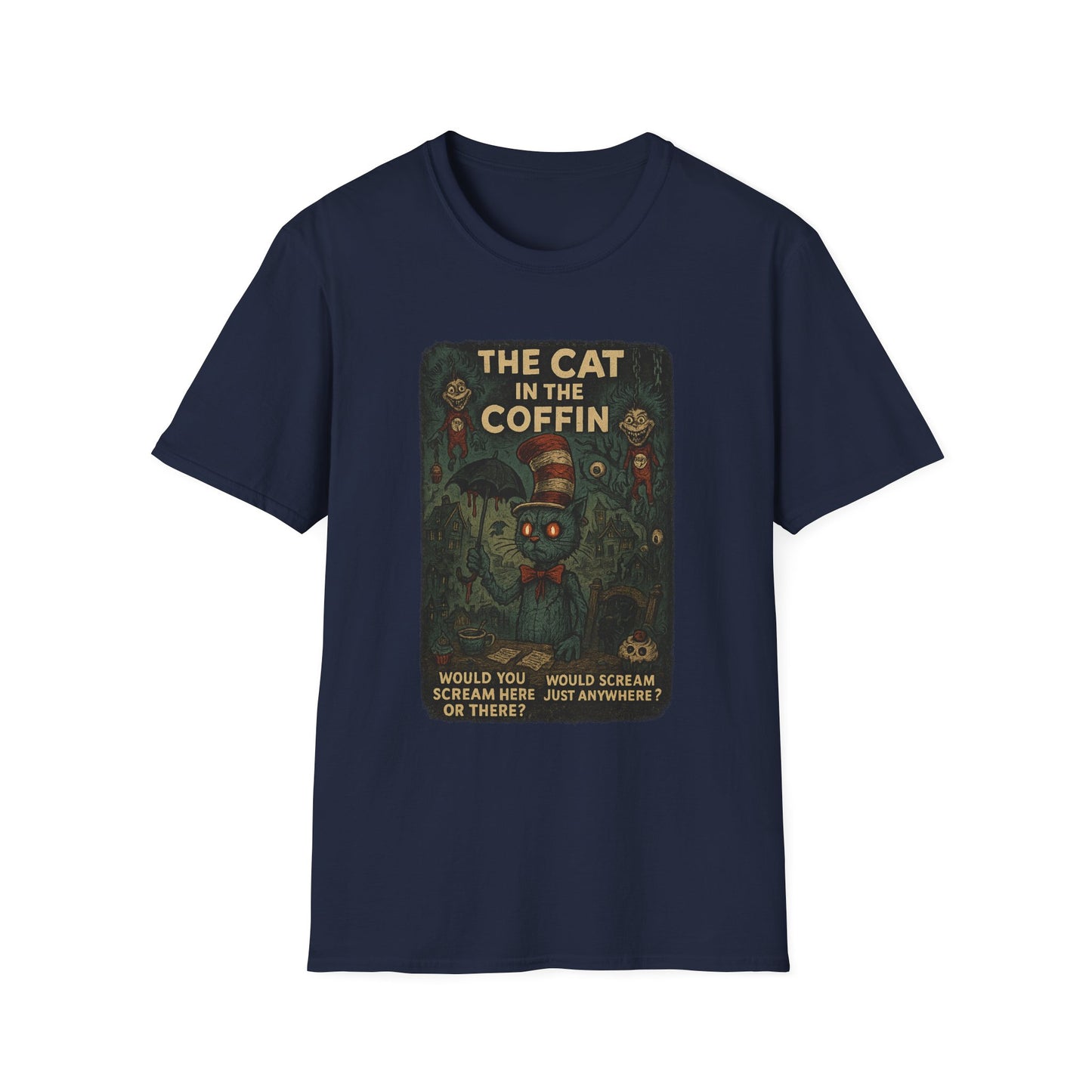 Creepy Dr. Seuss mashup Halloween shirt with spooky The Cat in the Coffin design on navy blue T-shirt
