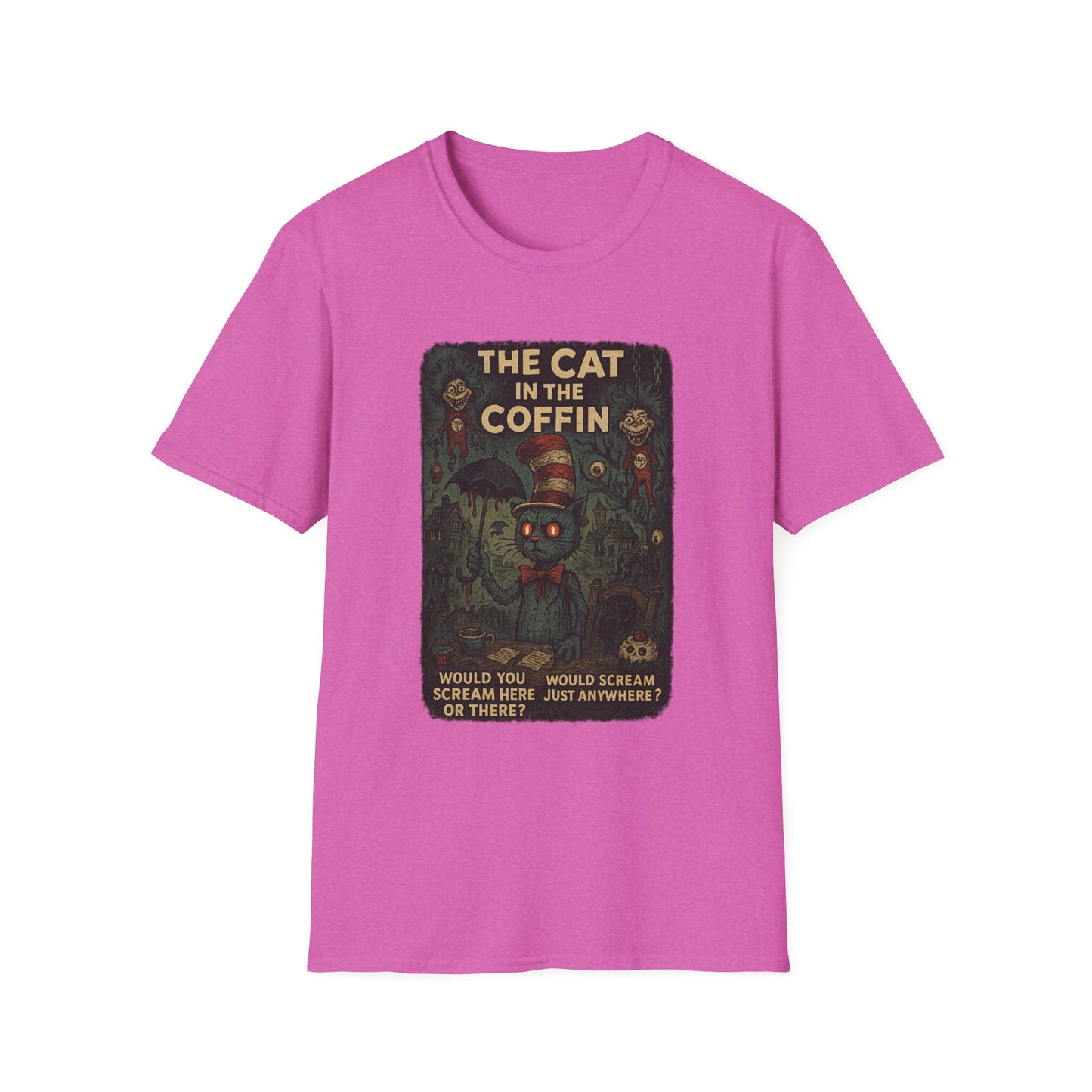 Purple creepy Dr. Seuss mashup Halloween shirt featuring a spooky Cat in the Coffin design