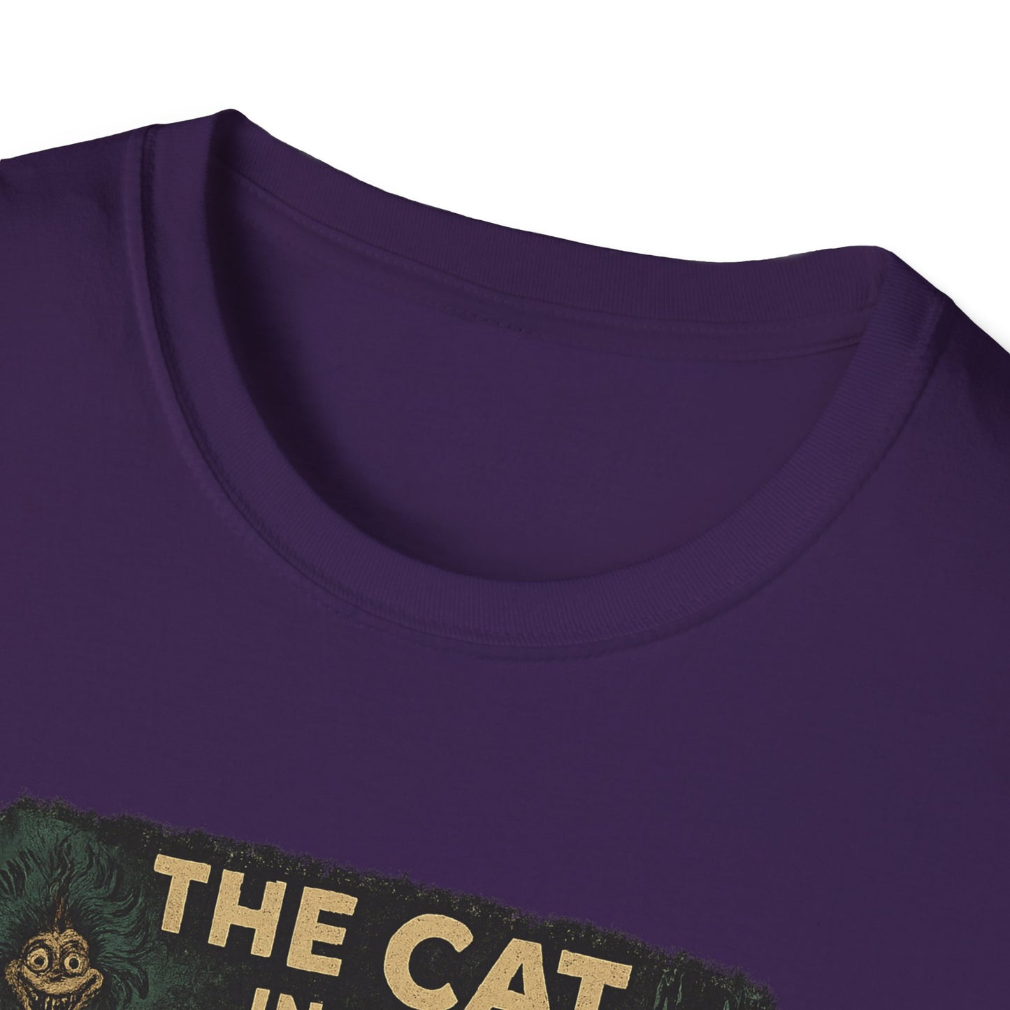 Purple Printify T-shirt featuring a creepy Dr. Seuss mashup Halloween shirt design