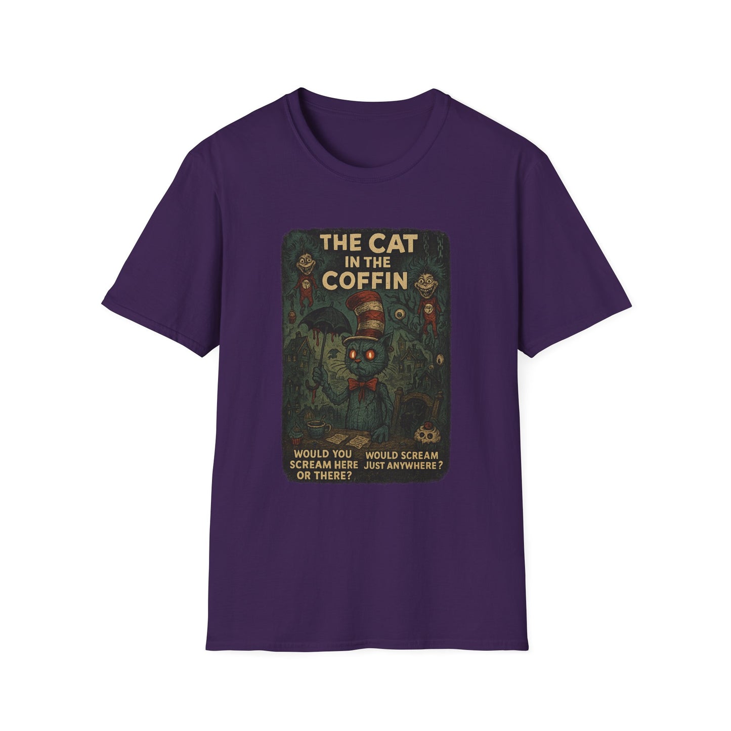 Purple creepy Dr. Seuss mashup Halloween shirt with dark spooky Cat in the Coffin design
