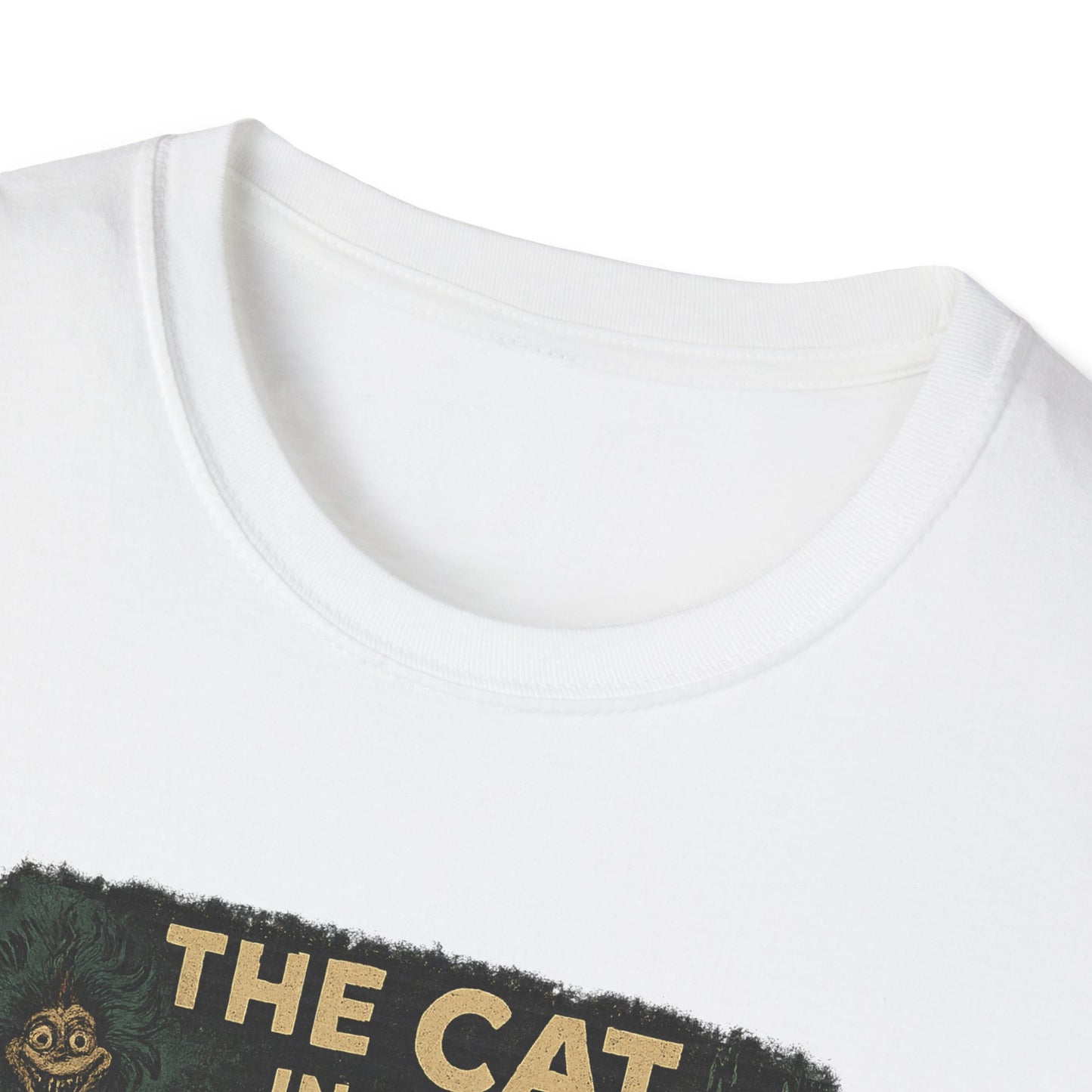 White Printify T-shirt featuring a creepy Dr. Seuss mashup Halloween shirt design with dark themed Cat in the Hat graphic