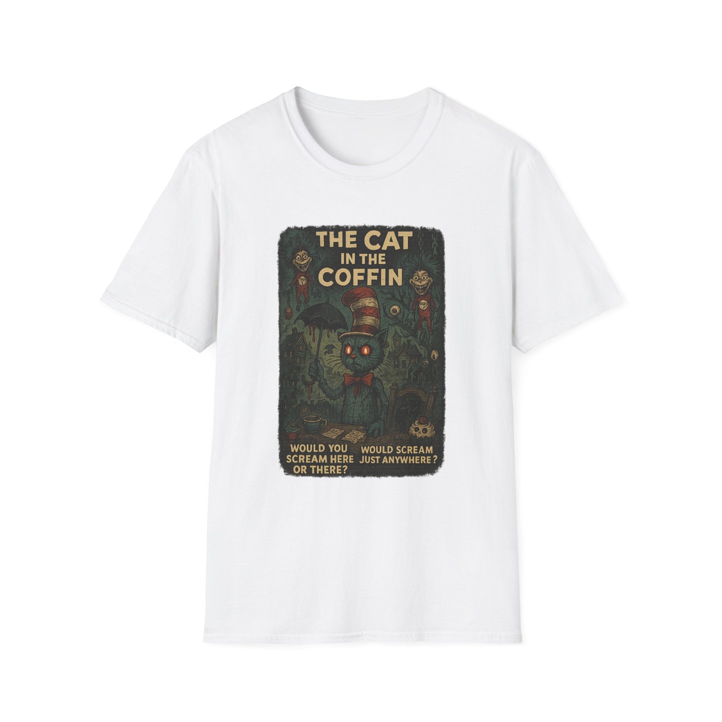 White Printify T-shirt featuring creepy Dr. Seuss mashup Halloween shirt design with spooky cat and coffin