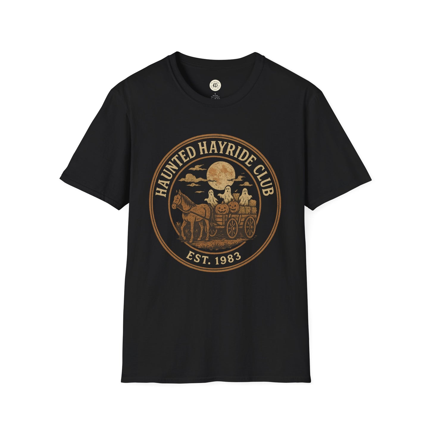 Black haunted hayride t-shirt with vintage brown graphic of ghosts on a horse-drawn wagon under full moon