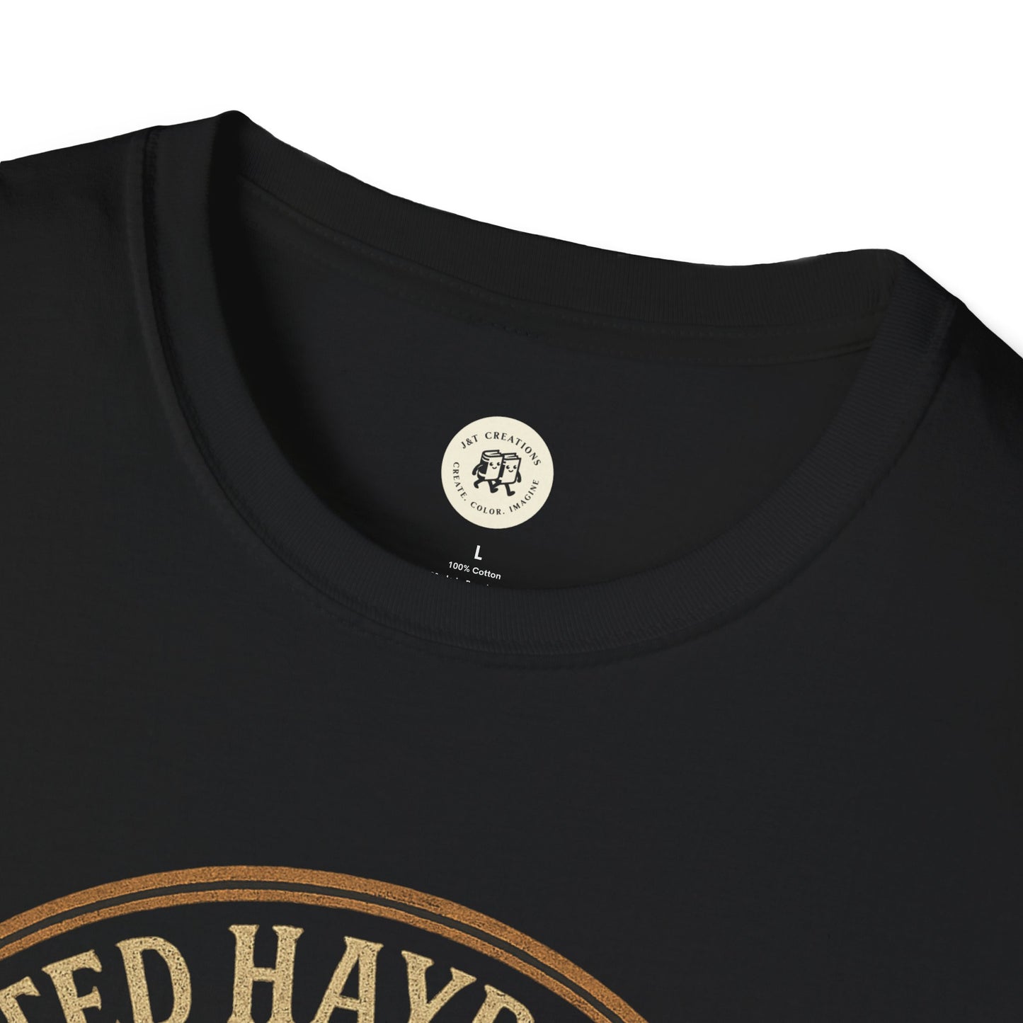 Close-up of black Printify haunted hayride t-shirt with round neckline and partial vintage design
