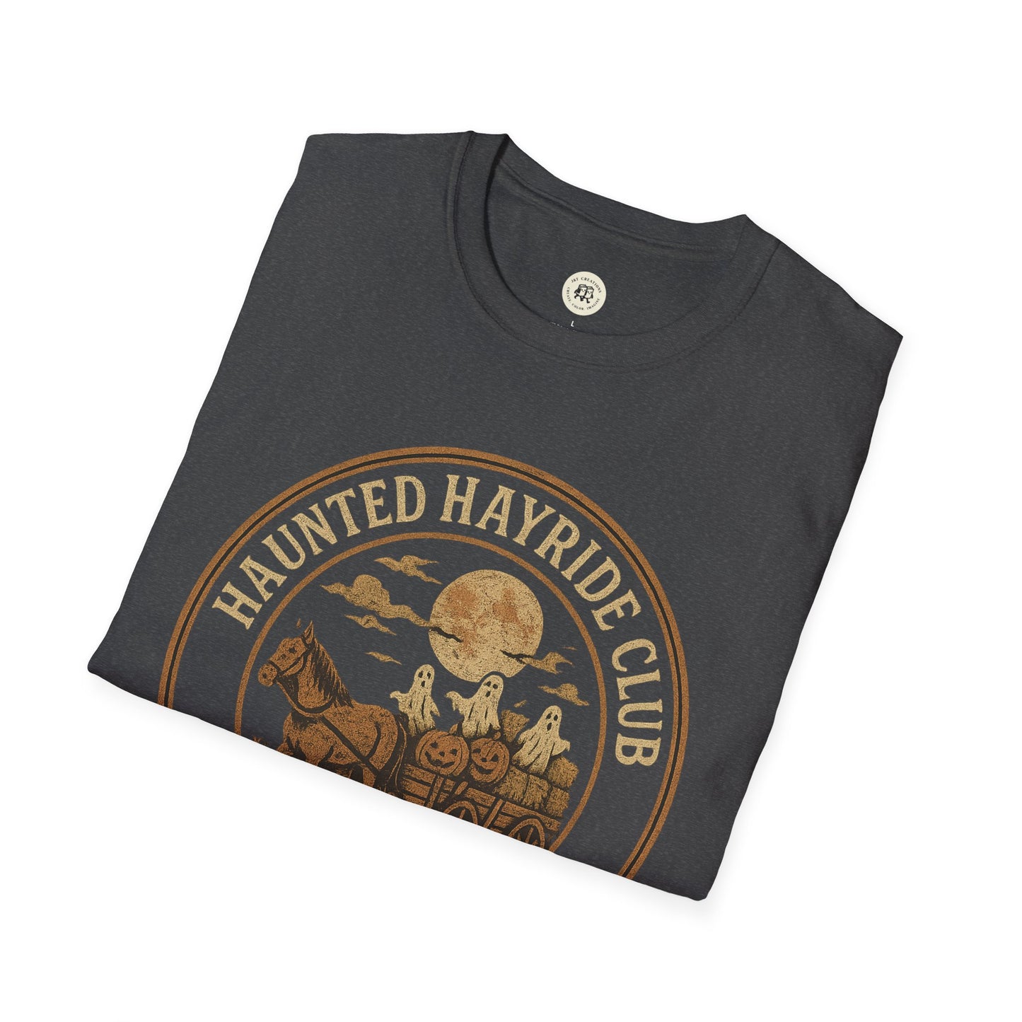 Black haunted hayride t-shirt with vintage Halloween design featuring ghosts, pumpkins, and a horse-drawn hayride