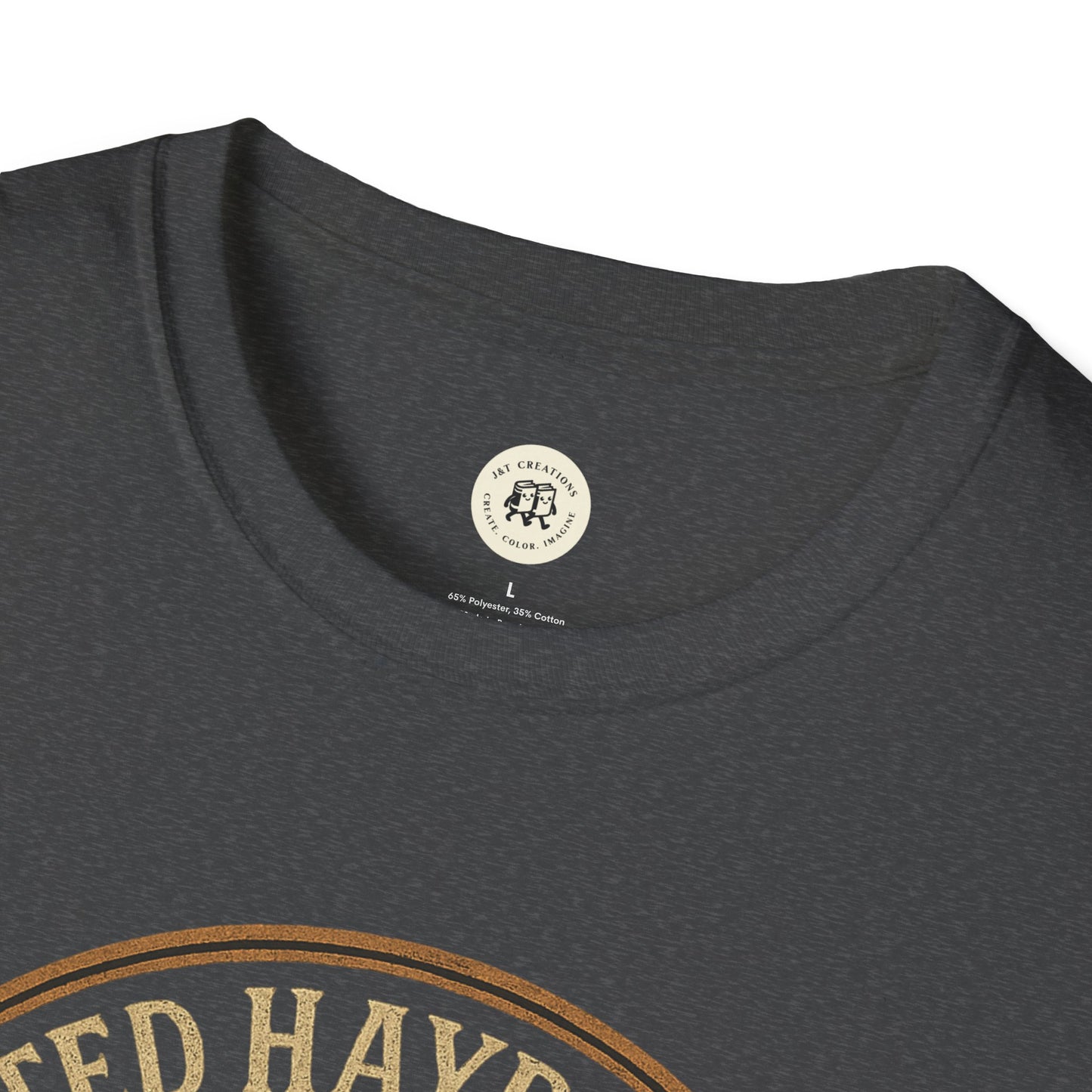 Close-up of dark gray Printify haunted hayride t-shirt neck and part of the vintage style printed design