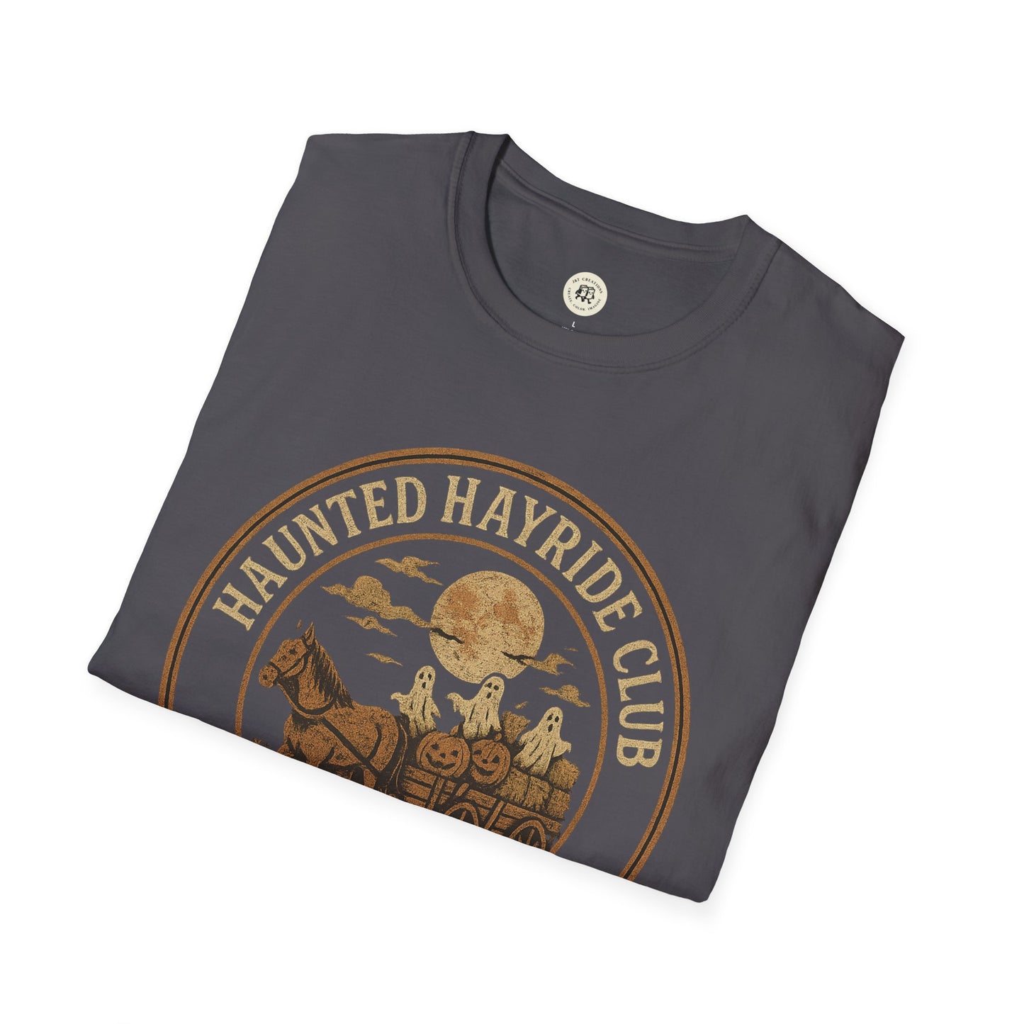 Printify haunted hayride t-shirt in dark gray with vintage spooky design and ghosts on hayride