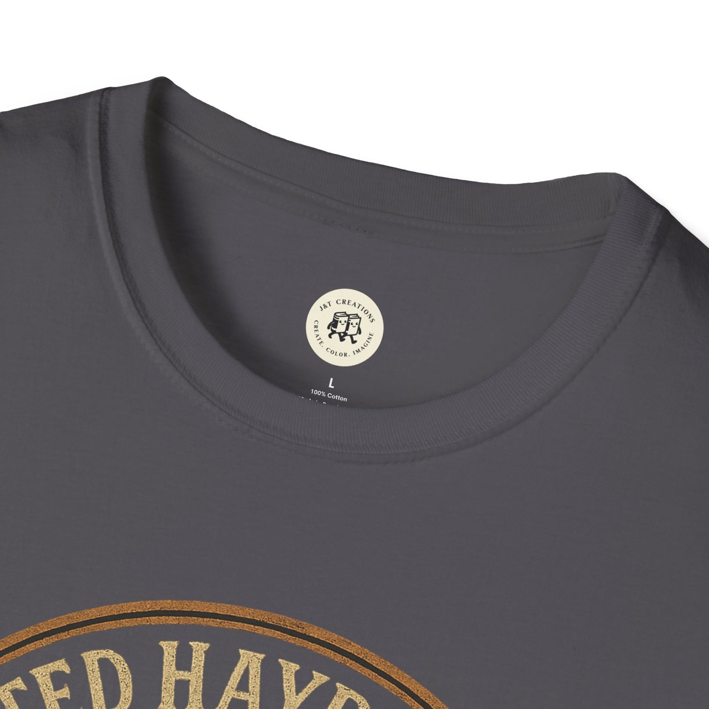 Close-up of dark gray Printify haunted hayride t-shirt showing soft fabric and crew neckline