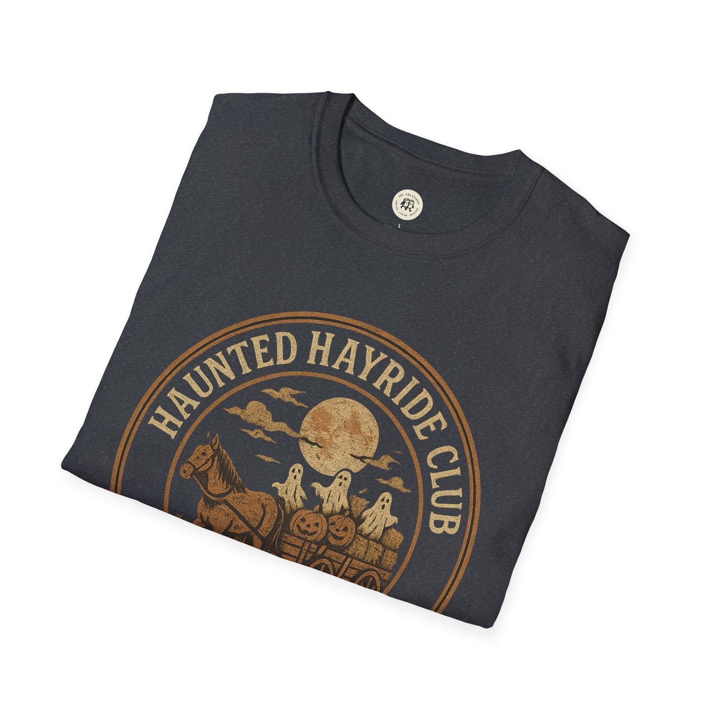 Black Printify haunted hayride t-shirt with vintage spooky design featuring ghosts and pumpkins