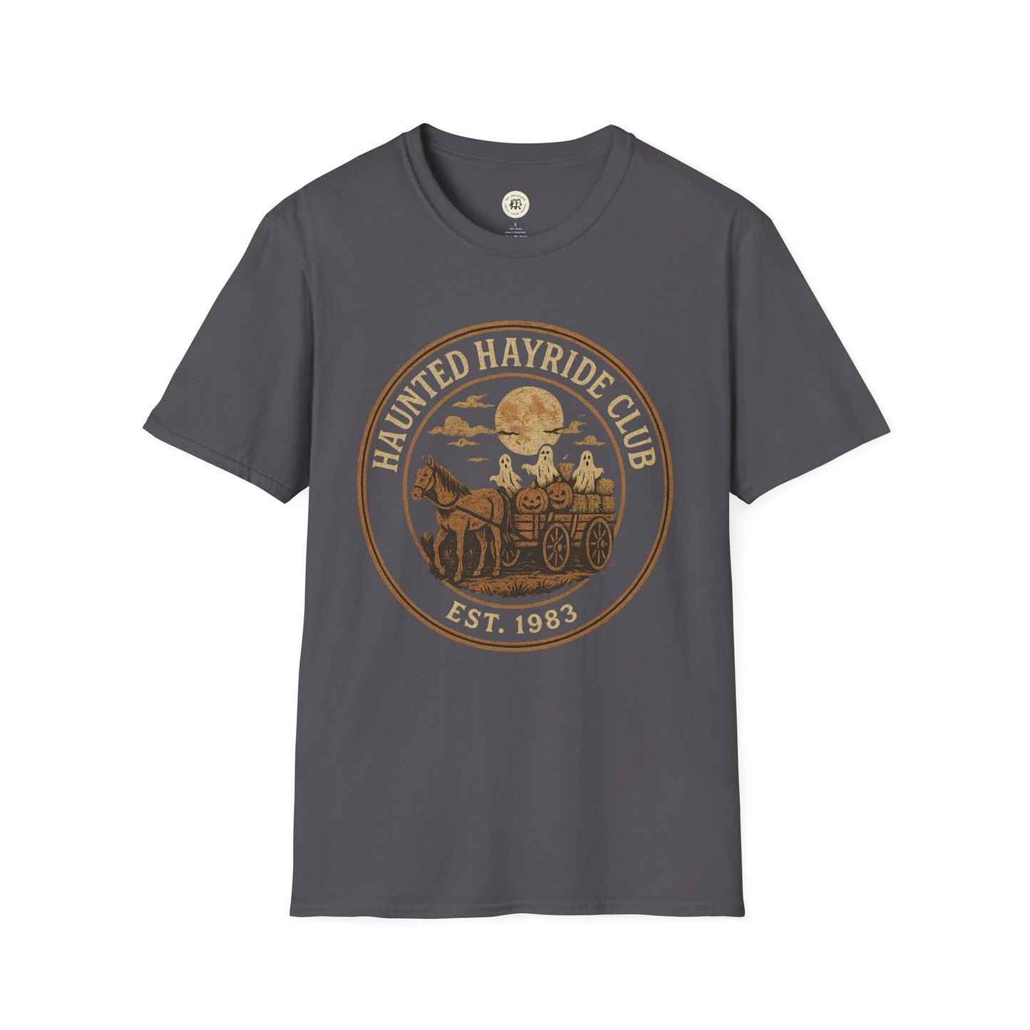 Printify haunted hayride t-shirt in dark gray featuring vintage horse and ghost wagon graphic