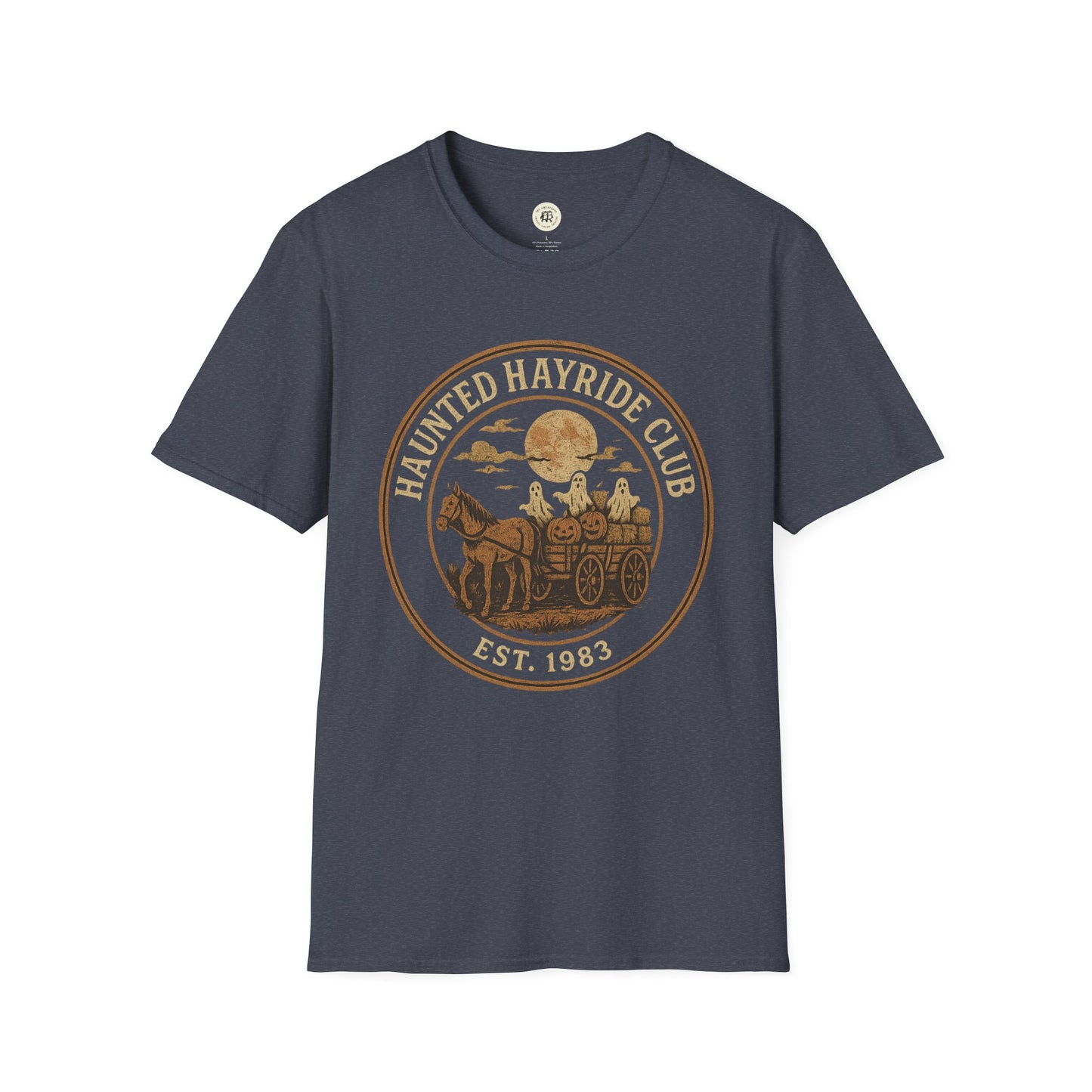 Printify haunted hayride t-shirt with vintage hayride club design featuring ghosts and pumpkins