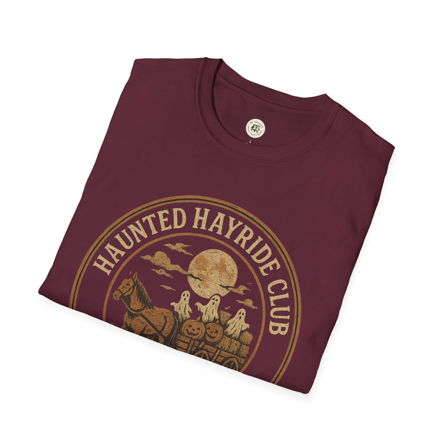 Maroon haunted hayride t-shirt with vintage spooky pumpkin and ghost hayride design
