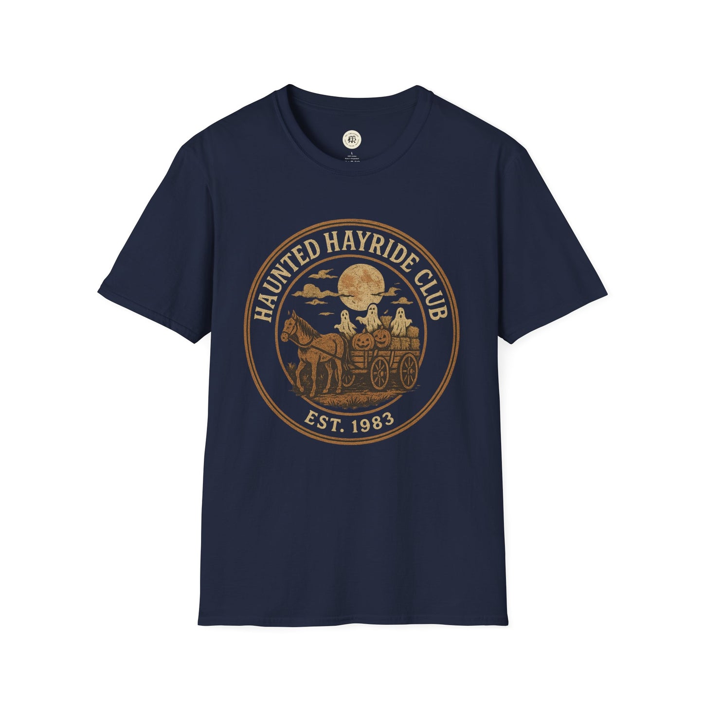 Navy Printify haunted hayride t-shirt with vintage horse and pumpkin cart graphic