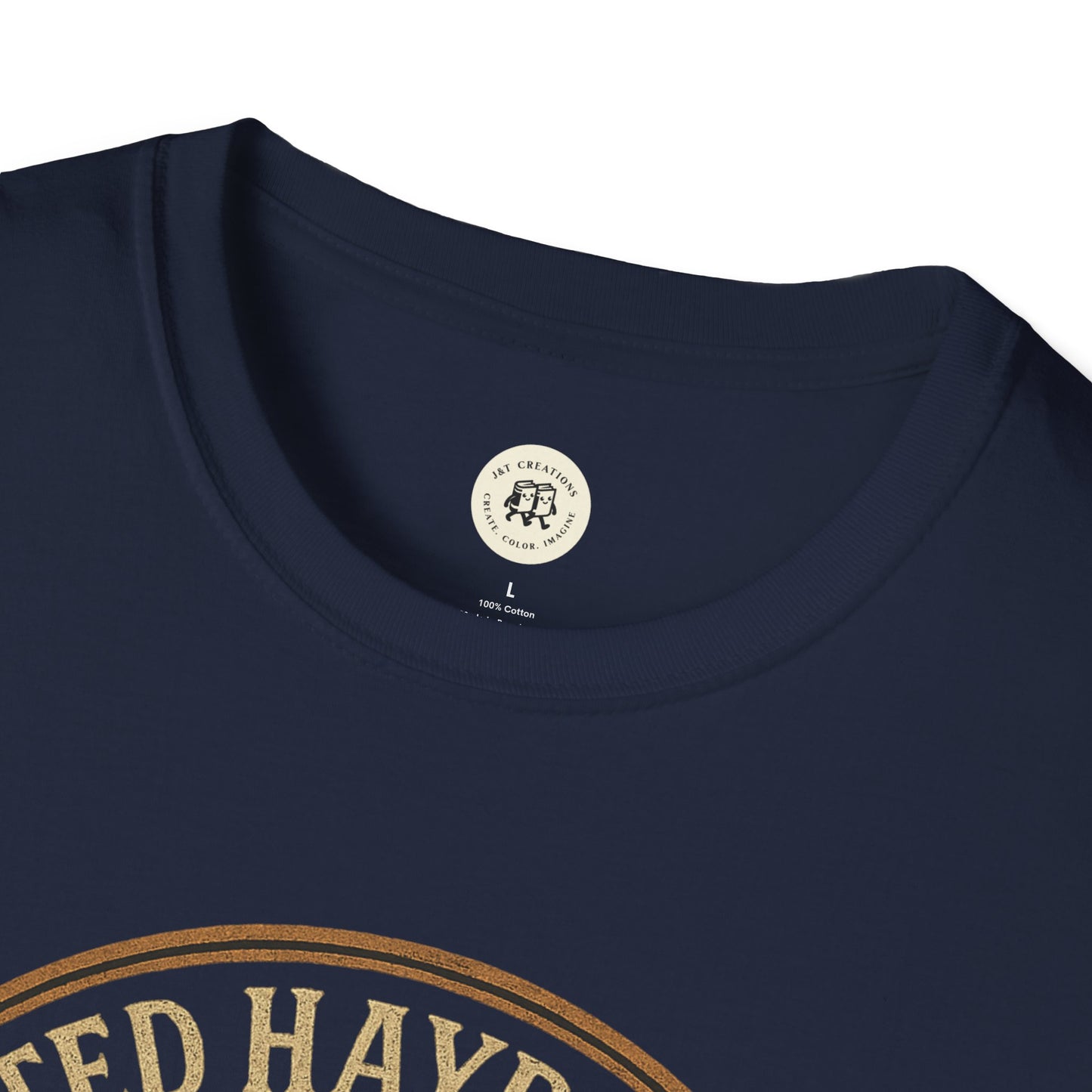 Printify navy blue haunted hayride t-shirt with round neckline and vintage style print