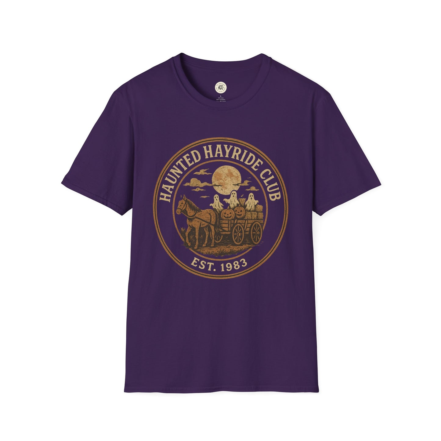Purple haunted hayride t-shirt with vintage hayride club graphic featuring ghosts and a full moon