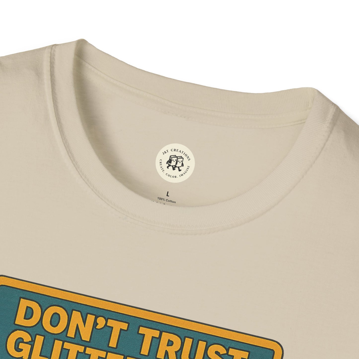 Close-up of Printify Daisy Buchanan retro tee showing beige fabric and vintage style text design