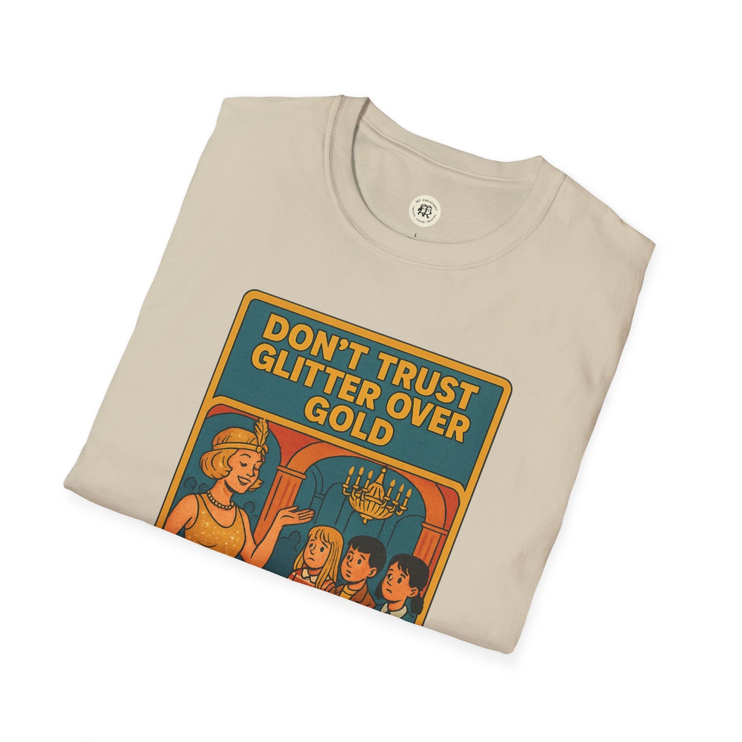 Folded beige Daisy Buchanan retro tee with vintage graphic and text print from Printify