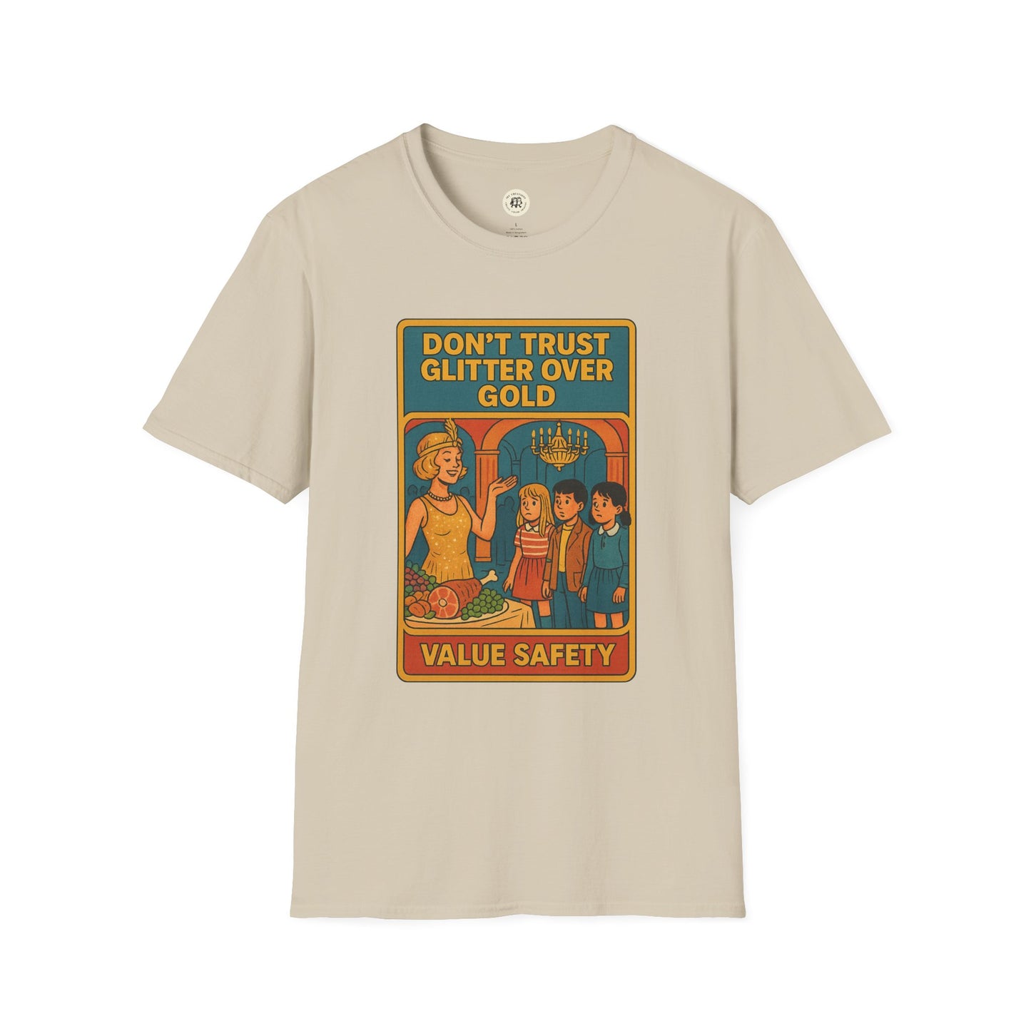 Printify Daisy Buchanan retro tee in beige with vintage graphic and safety value message