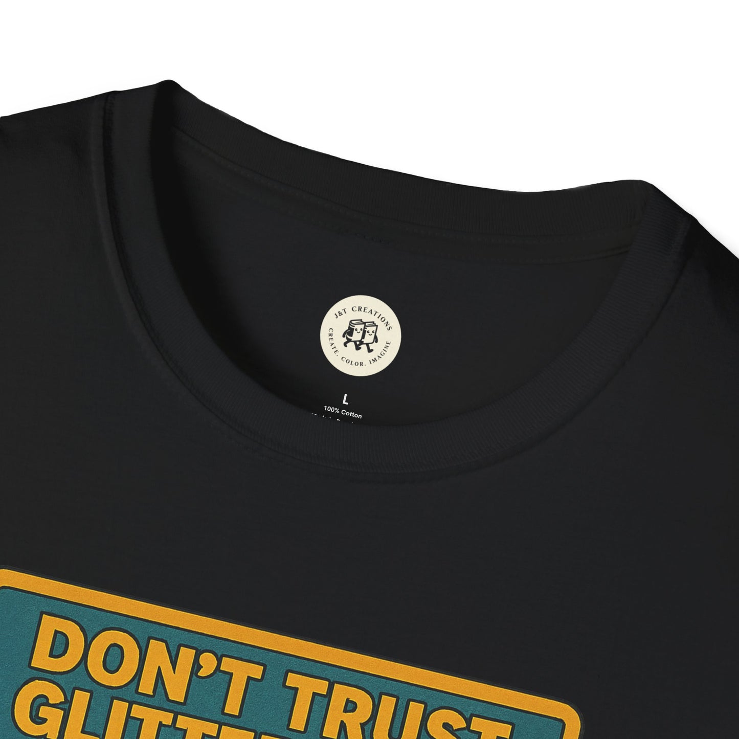 Black Daisy Buchanan retro tee by Printify featuring bold yellow and teal text graphic on front