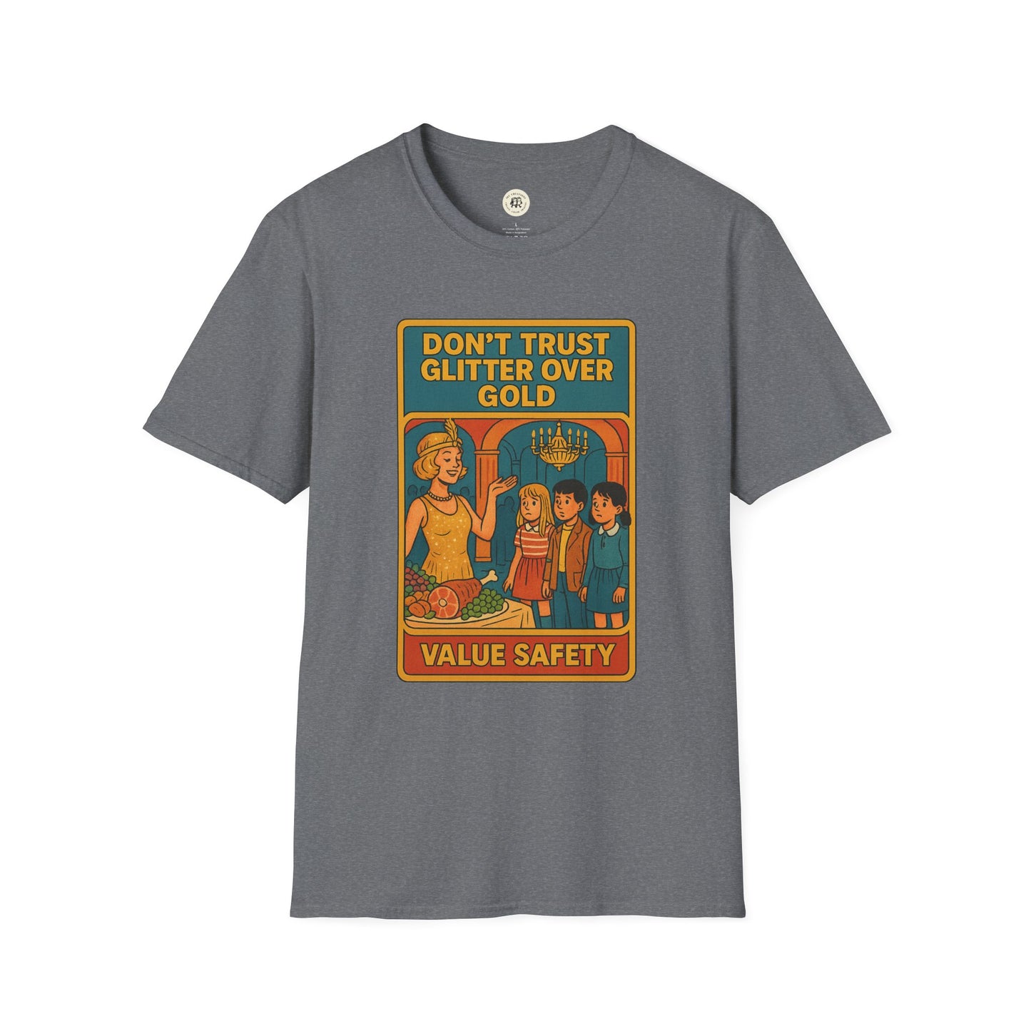 Gray Daisy Buchanan retro tee by Printify featuring vintage style graphic with text glitter over gold