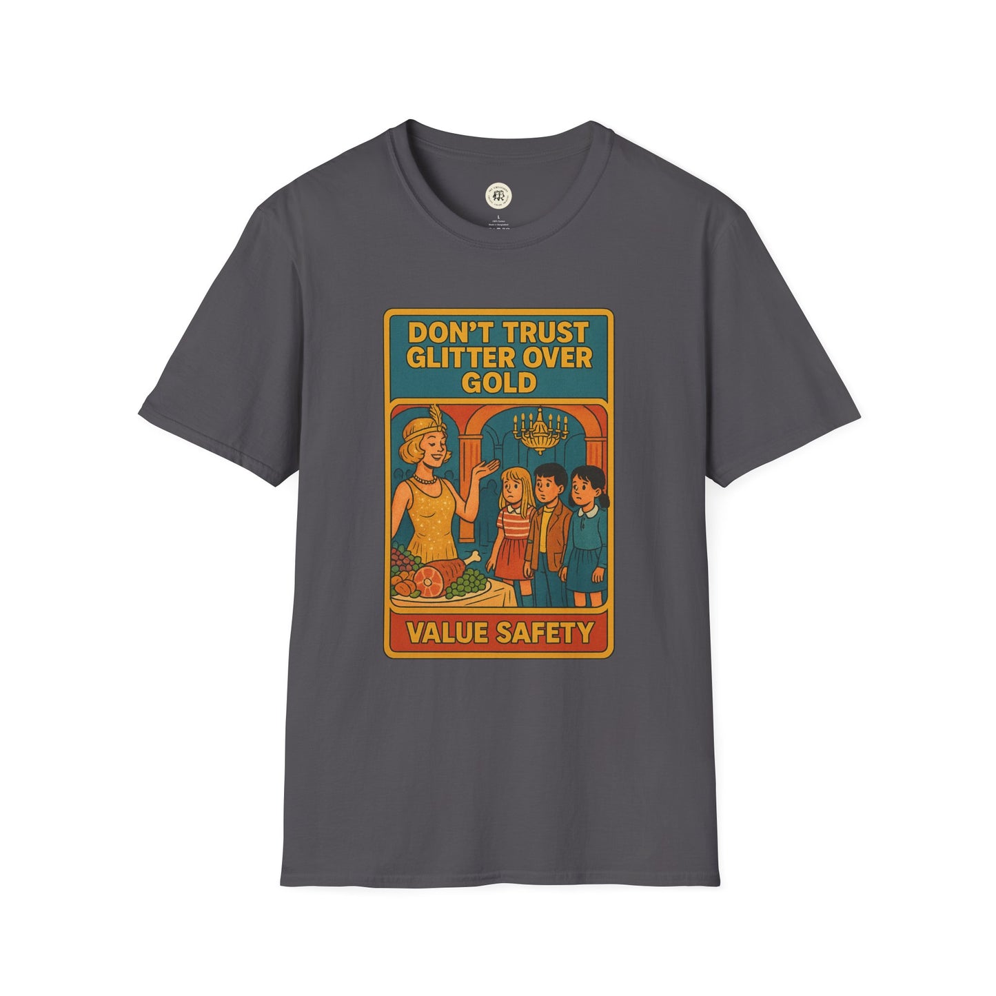 Daisy Buchanan retro tee from Printify featuring vintage style graphic with slogan in orange on dark gray t-shirt