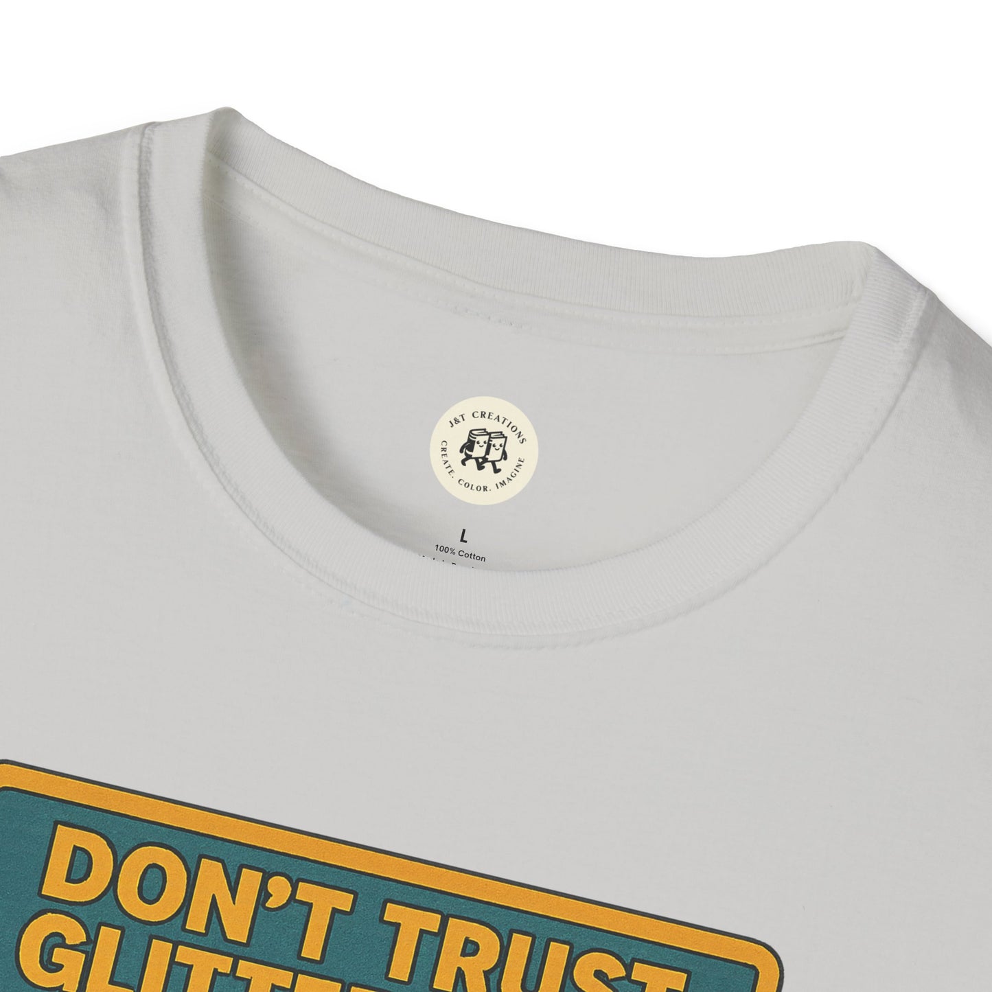 Close-up of Printify white Daisy Buchanan retro tee with round neckline and graphic text design