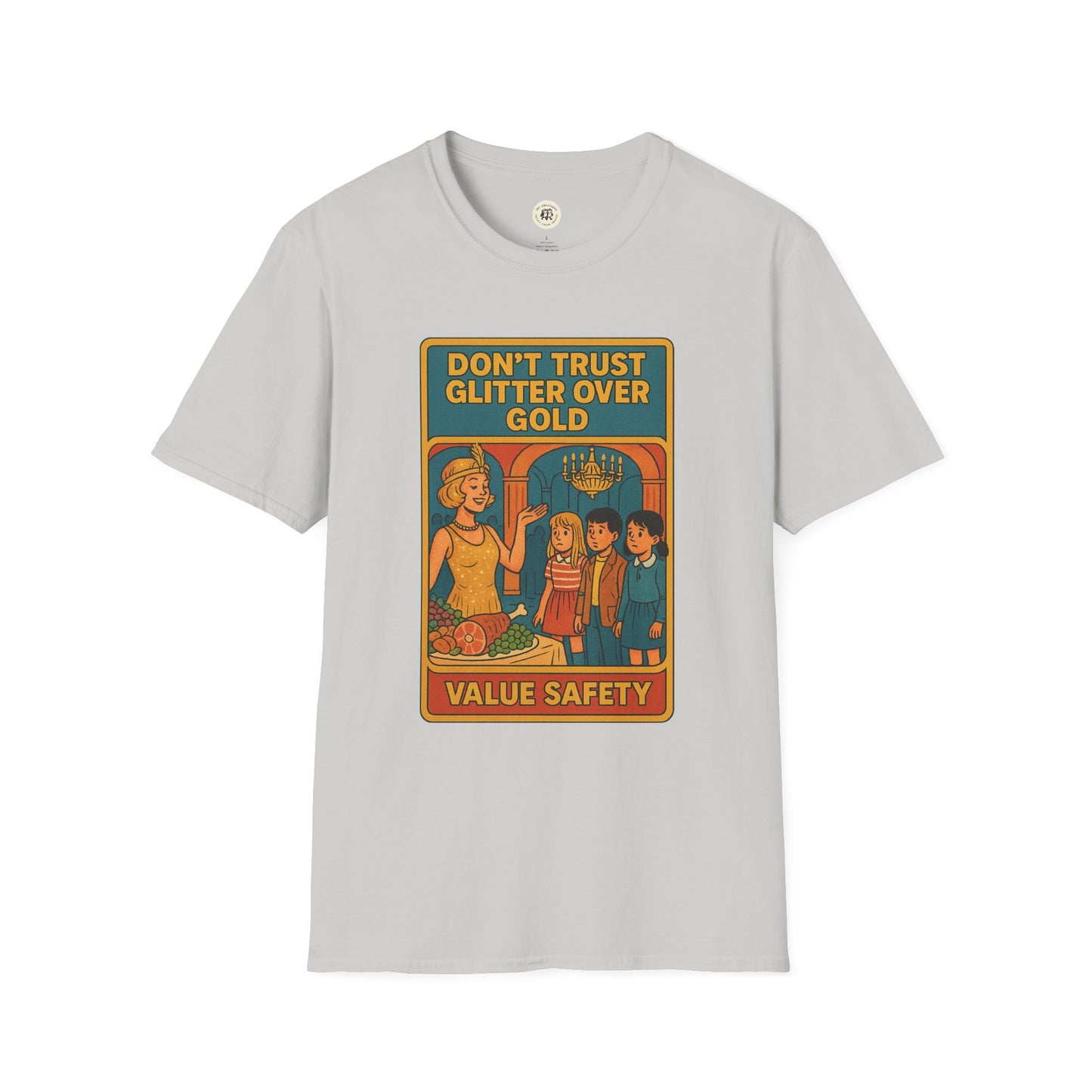 Daisy Buchanan retro tee featuring vintage style graphic with Don't Trust Glitter Over Gold text on white T-shirt by Printify