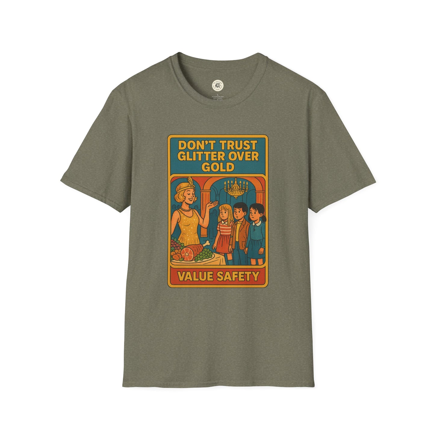 Daisy Buchanan retro tee by Printify featuring a vintage style graphic with safety message on olive green t-shirt