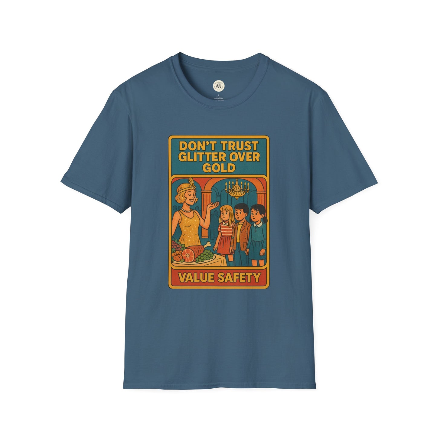 Daisy Buchanan retro tee featuring vintage style graphic with text Dont Trust Glitter Over Gold on blue Printify t-shirt