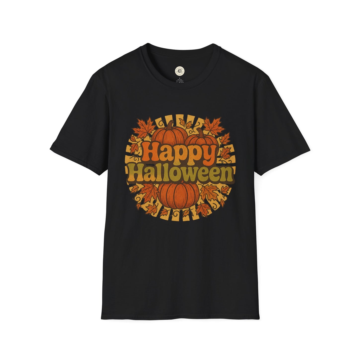 Black happy halloween t-shirt with orange pumpkins and autumn leaves design by Printify