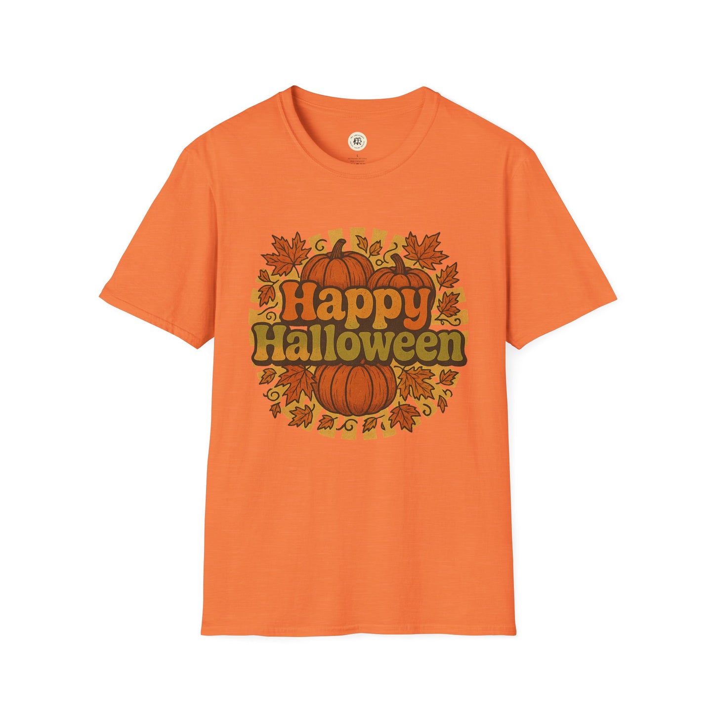 Printify orange happy halloween t-shirt with pumpkins and autumn leaves graphic design