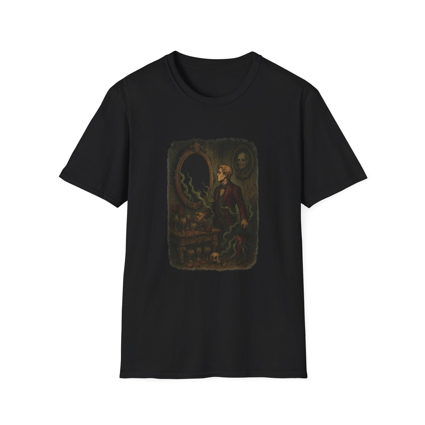 Black Printify Dorian Gray graphic t-shirt featuring vintage dark art print on front