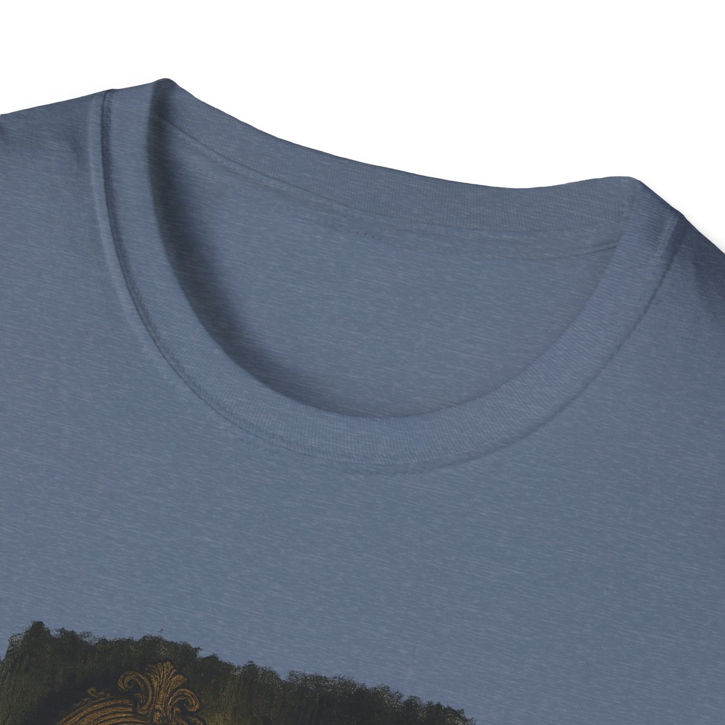 Close-up of blue Printify t-shirt featuring Dorian Gray graphic t-shirt design with intricate artwork