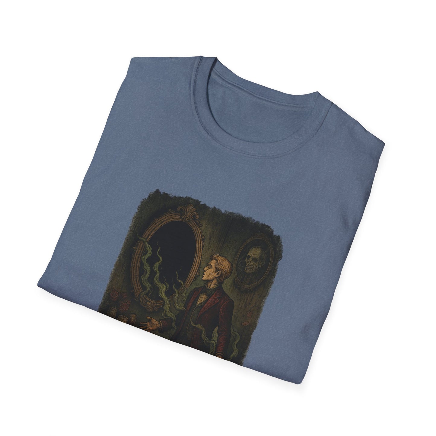 Printify folded blue t-shirt featuring a Dorian Gray graphic t-shirt design with a man and mirror illustration