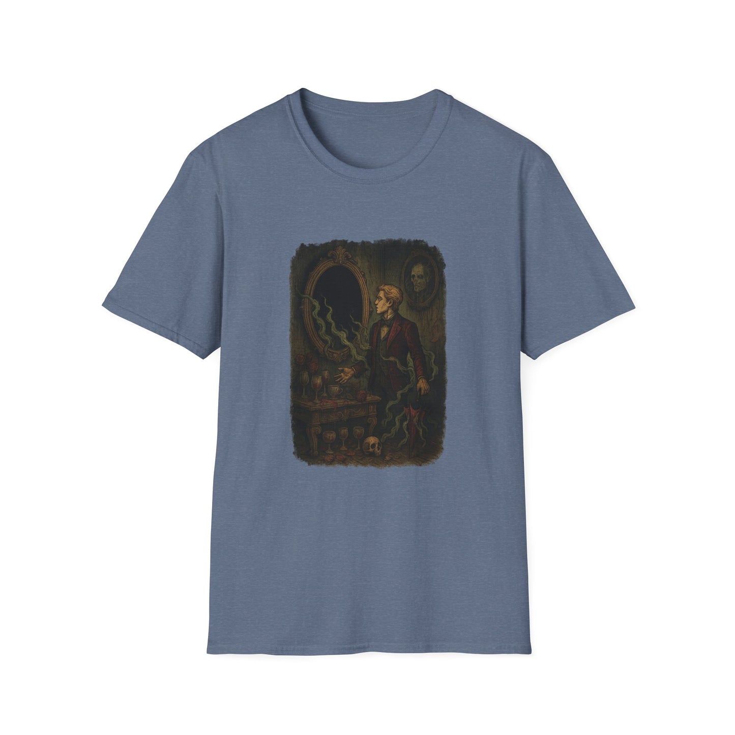 Printify blue t-shirt featuring a dark Dorian Gray graphic t-shirt with vintage portrait and eerie smoke design