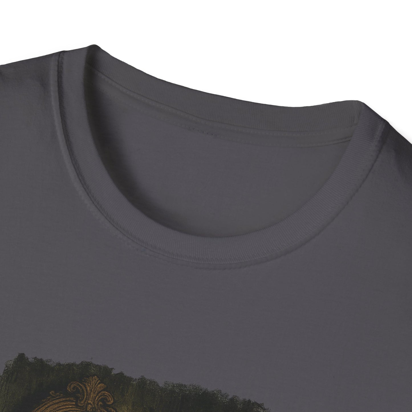 Close-up of dark gray Dorian Gray graphic t-shirt neckline from Printify