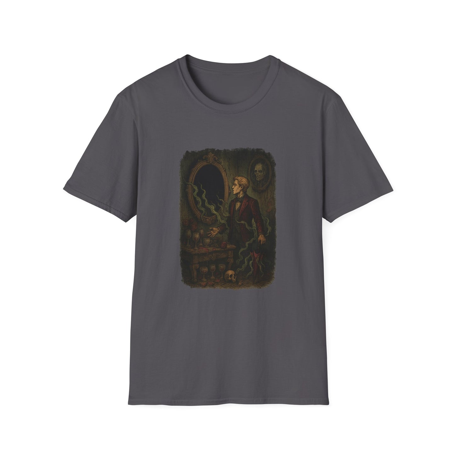Printify Dorian Gray graphic t-shirt with dark artistic design featuring a man and mirror on gray background