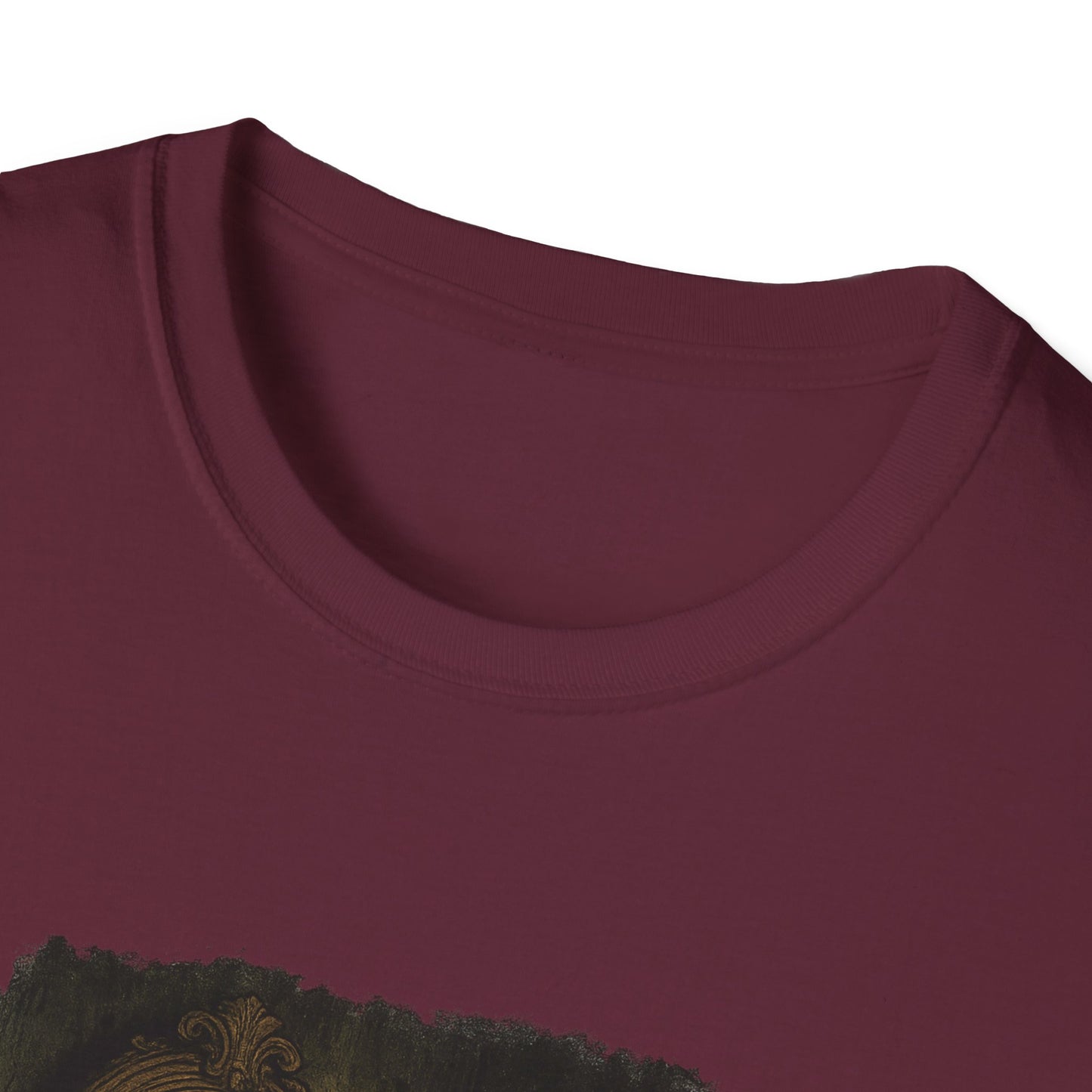 Close-up of maroon Dorian Gray graphic t-shirt collar by Printify with visible print details