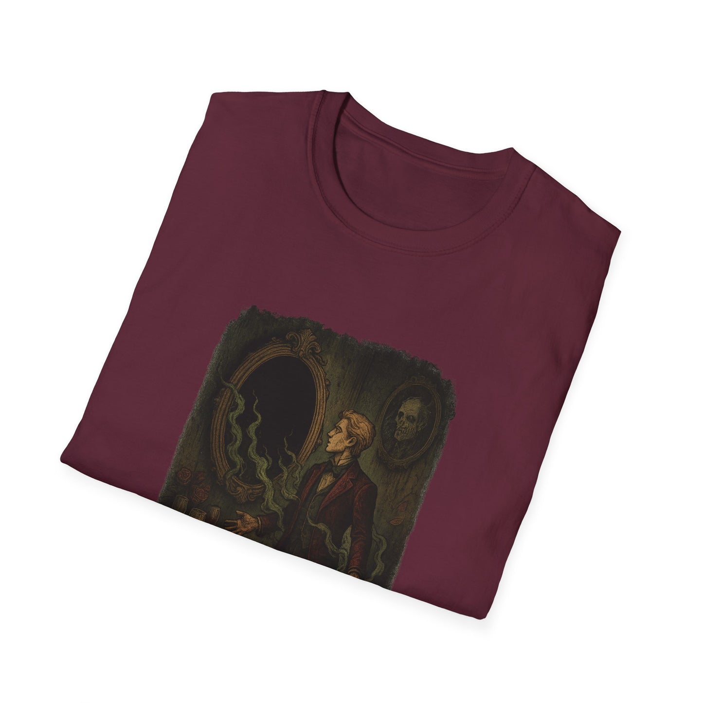 Maroon Printify Dorian Gray graphic t-shirt with vintage-style portrait and mirror design