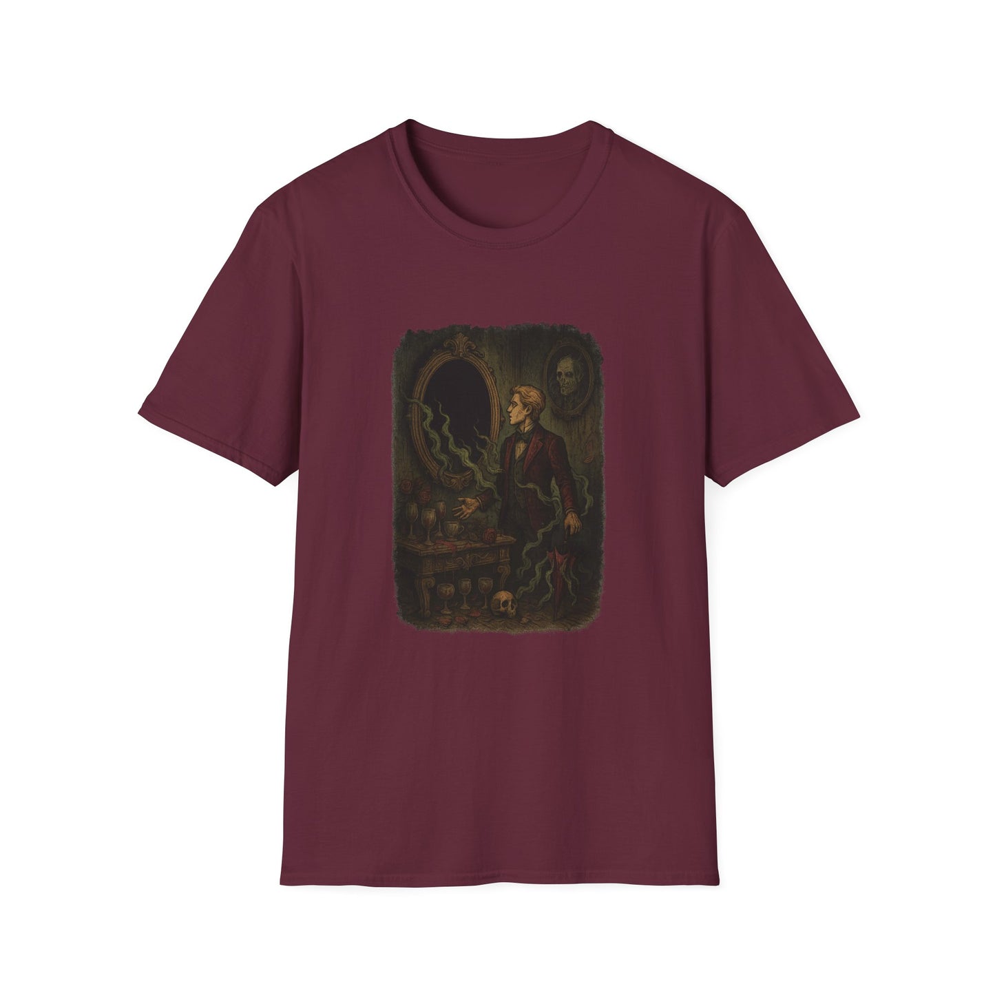 Maroon Dorian Gray graphic t-shirt by Printify featuring dark vintage portrait design