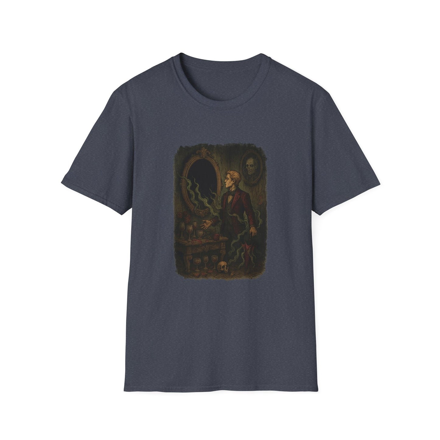 Printify Dorian Gray graphic t-shirt featuring dark Victorian-style artwork on a charcoal gray tee