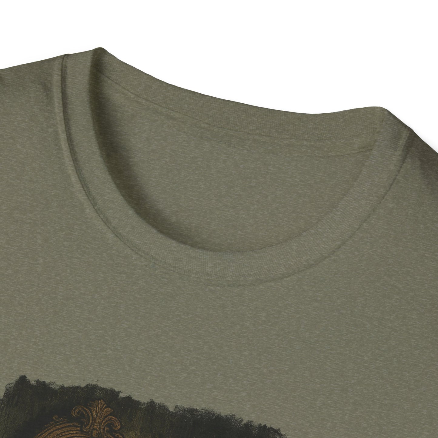 Close-up of olive green Printify Dorian Gray graphic t-shirt neckline and fabric texture
