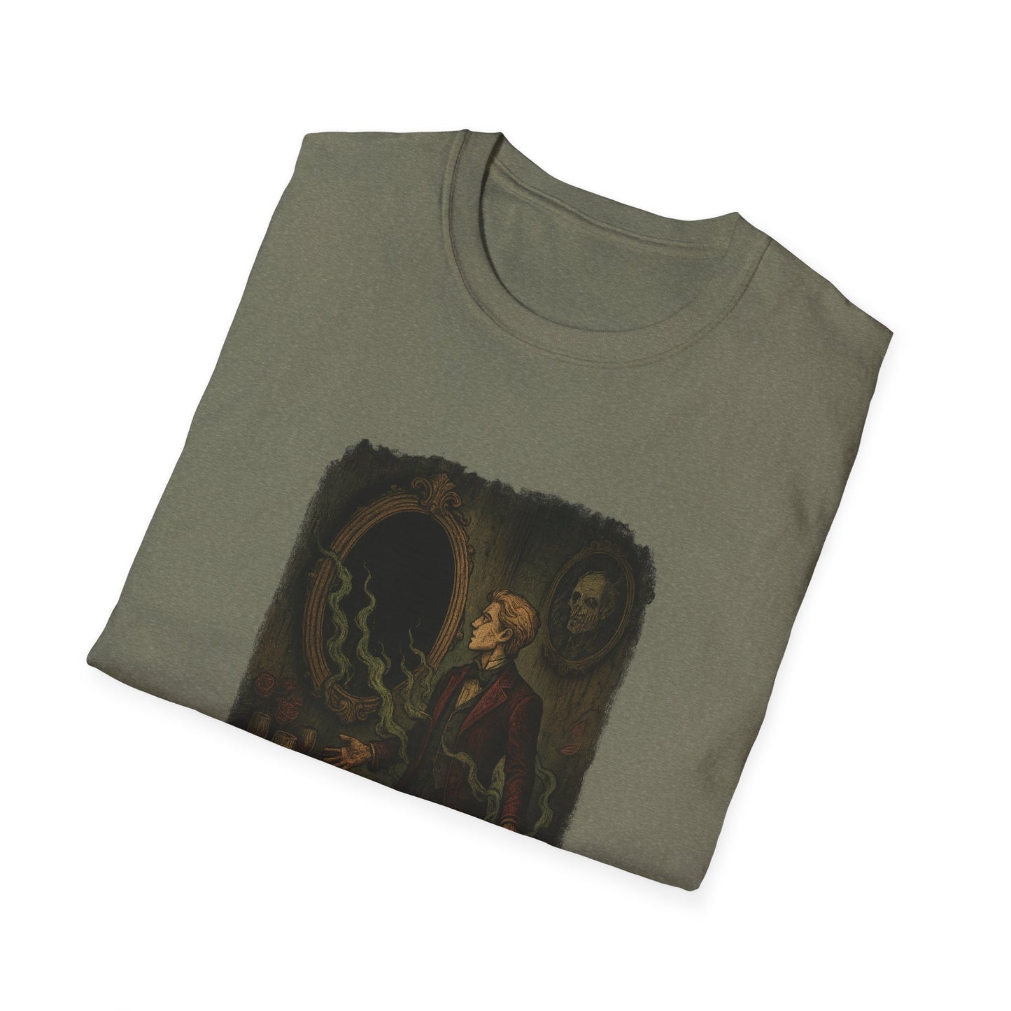 Printify Dorian Gray graphic t-shirt in olive green featuring vintage illustration of man and mirror