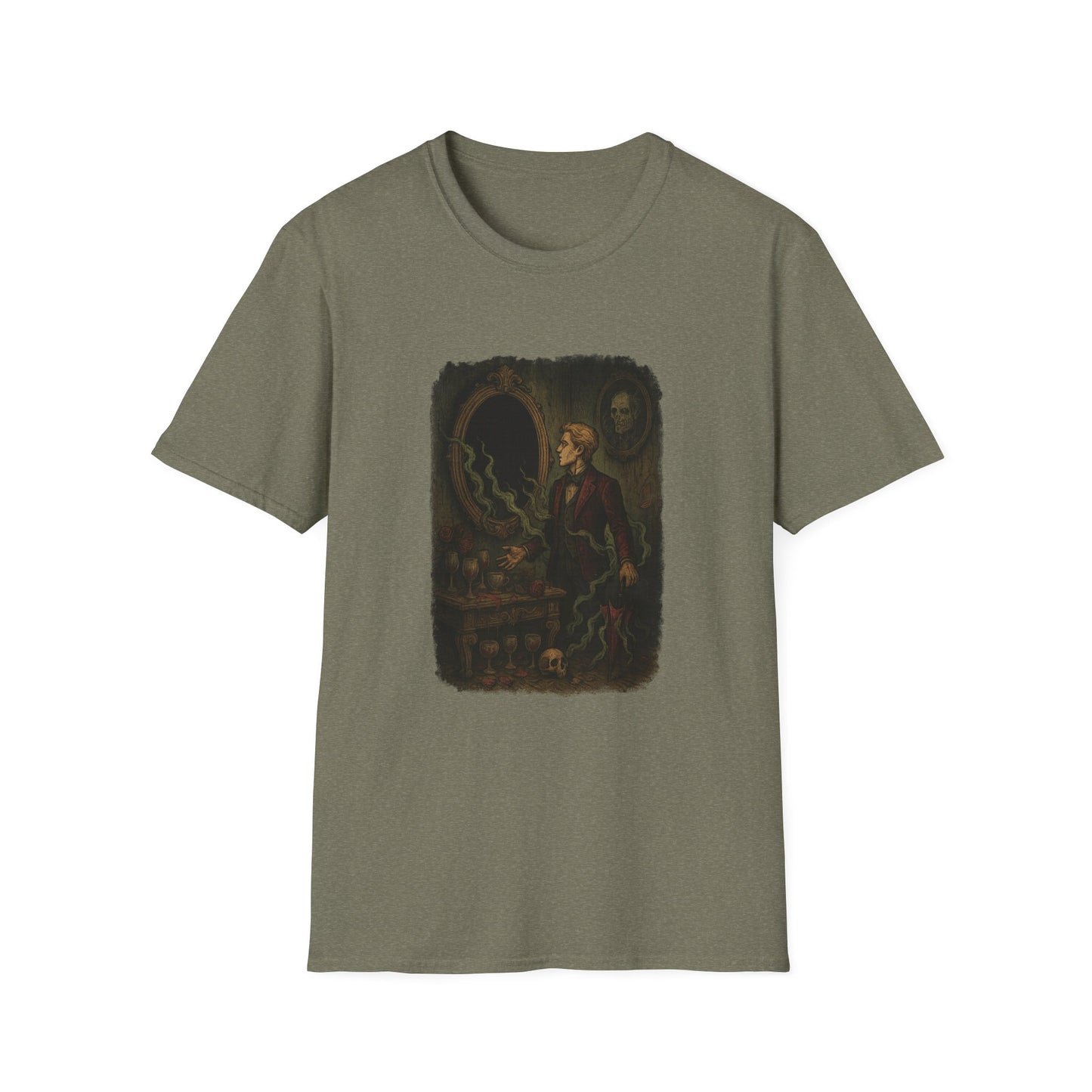 Printify Dorian Gray graphic t-shirt with dark vintage illustration on olive green fabric