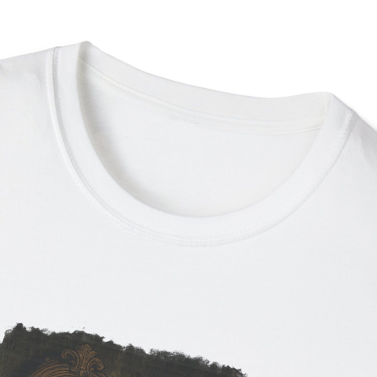 Close-up of white Printify Dorian Gray graphic t-shirt showing neckline and partial design