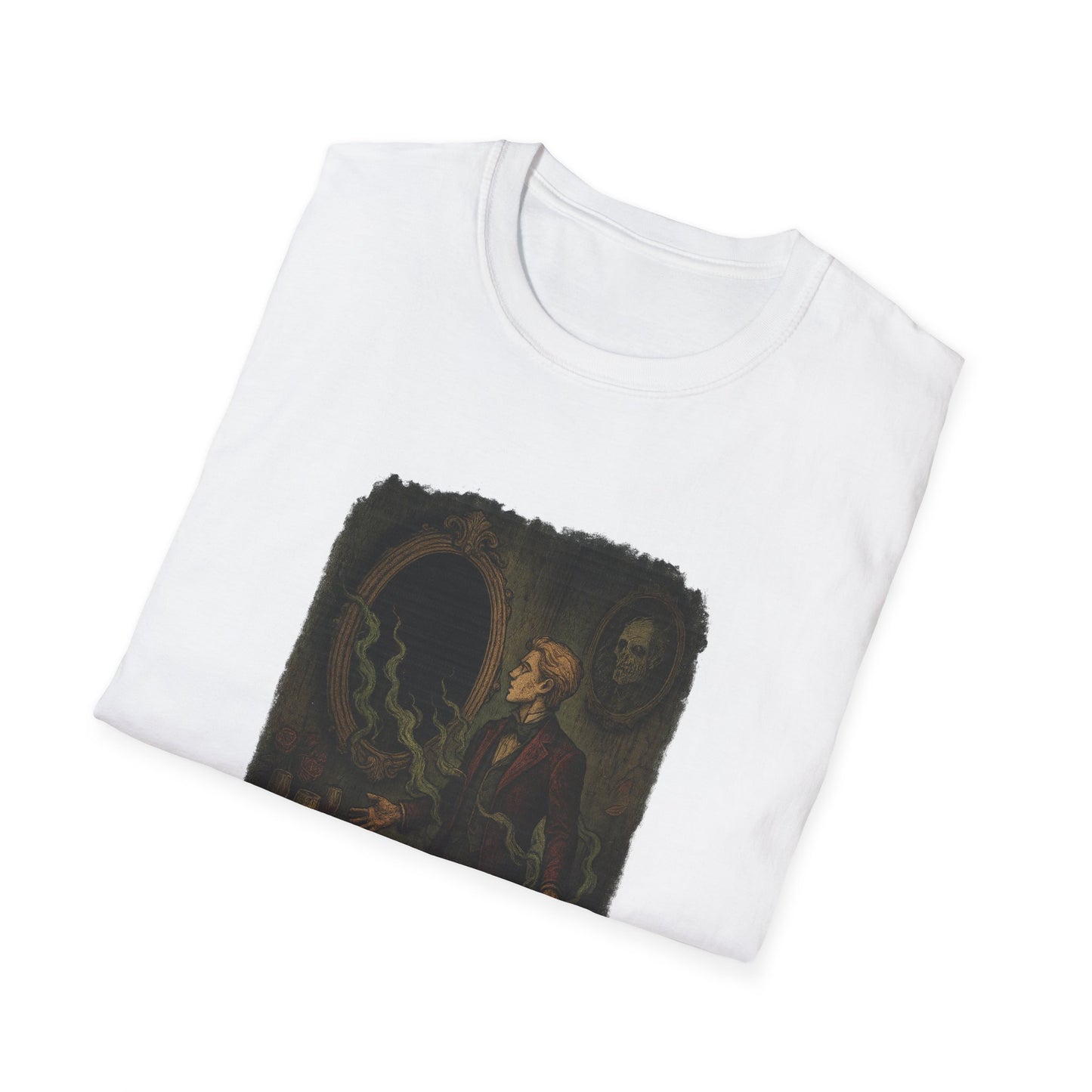 White Printify Dorian Gray graphic t-shirt with dark Victorian style illustration folded