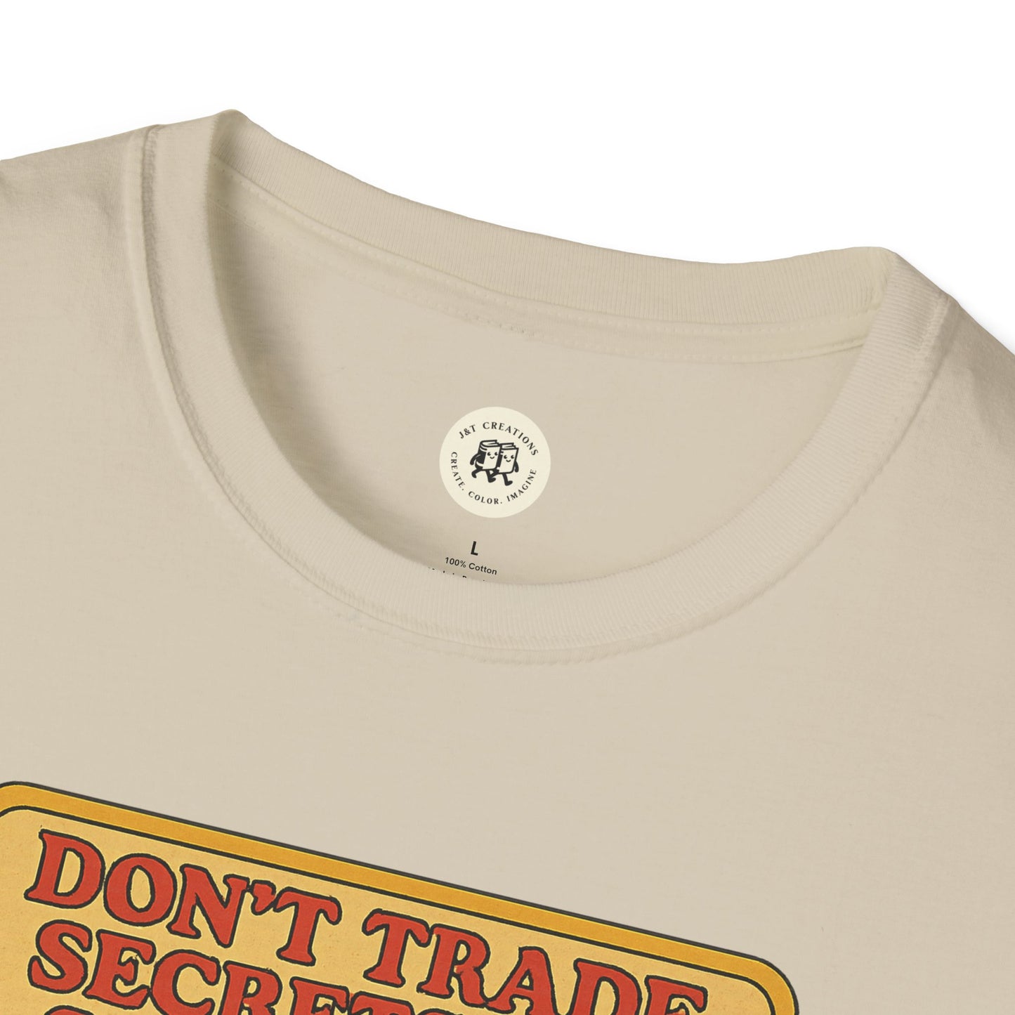 Close-up of beige Printify T-shirt collar featuring Dorian Gray vintage shirt design with bold red text