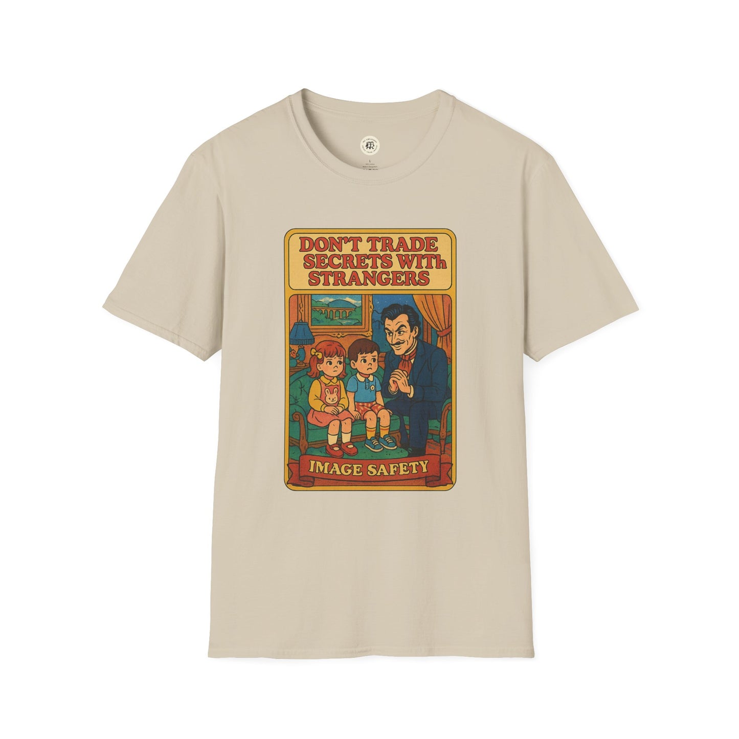 Printify beige t-shirt featuring a vintage style Dorian Gray vintage shirt design with image safety message