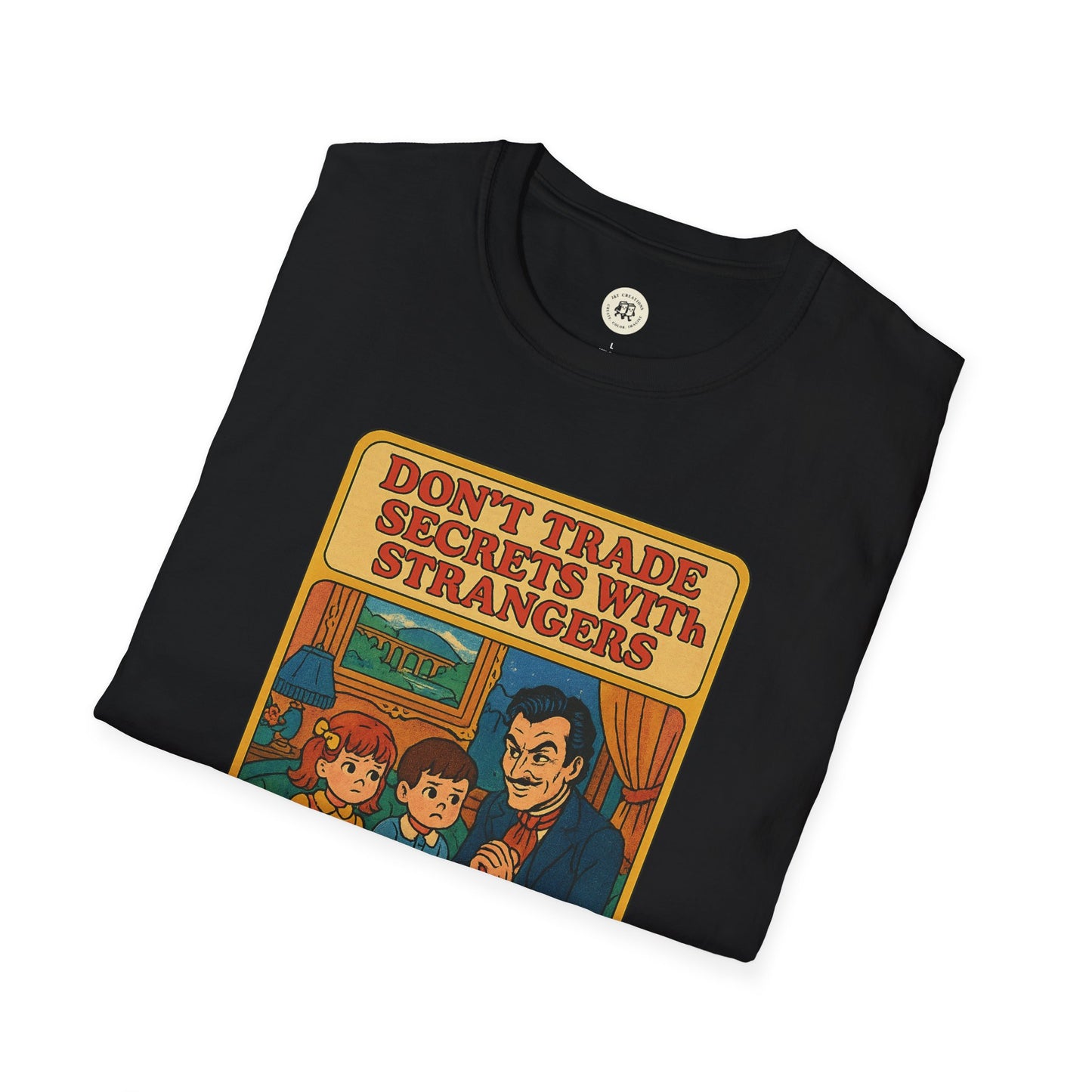 Black Printify t-shirt featuring a colorful vintage design with text and characters Dorian Gray vintage shirt