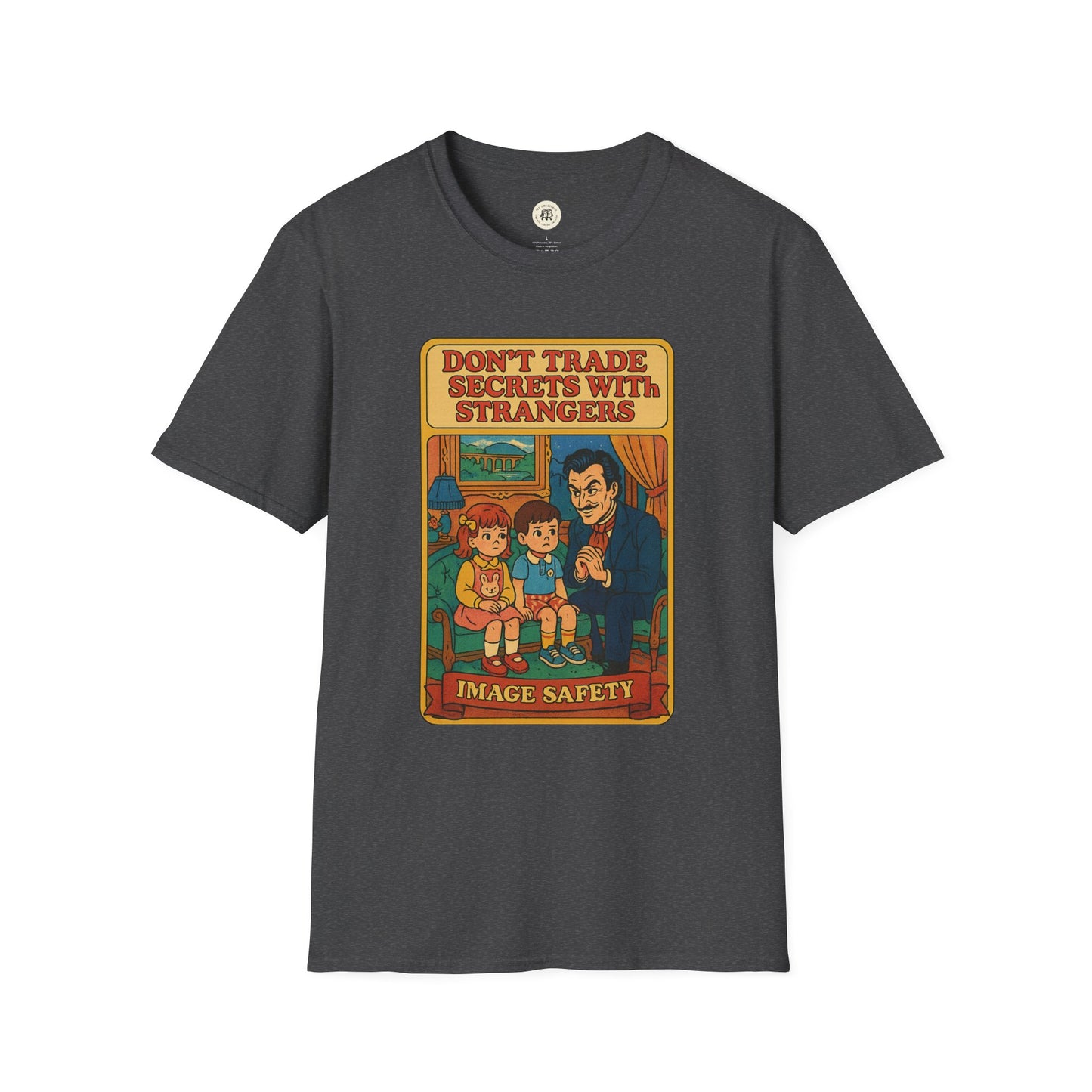Printify Dorian Gray vintage shirt featuring retro cartoon design with safety message on dark gray T-shirt